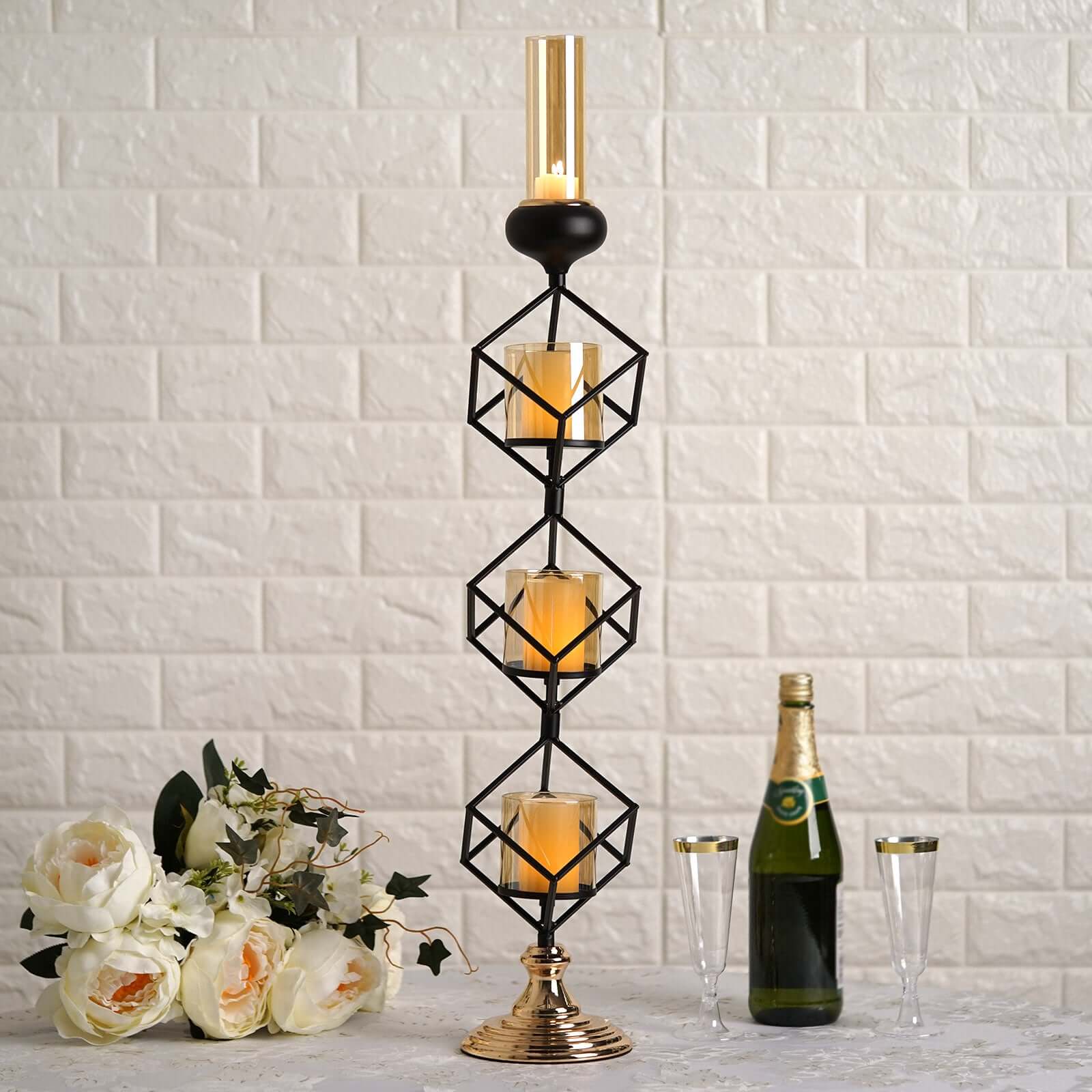 3-Tier Black Geometric Candle Holder 28" Tall with Amber Glass Votives & Gold Trim - Sleek Centerpiece Decor for Tables & Events - Image 6