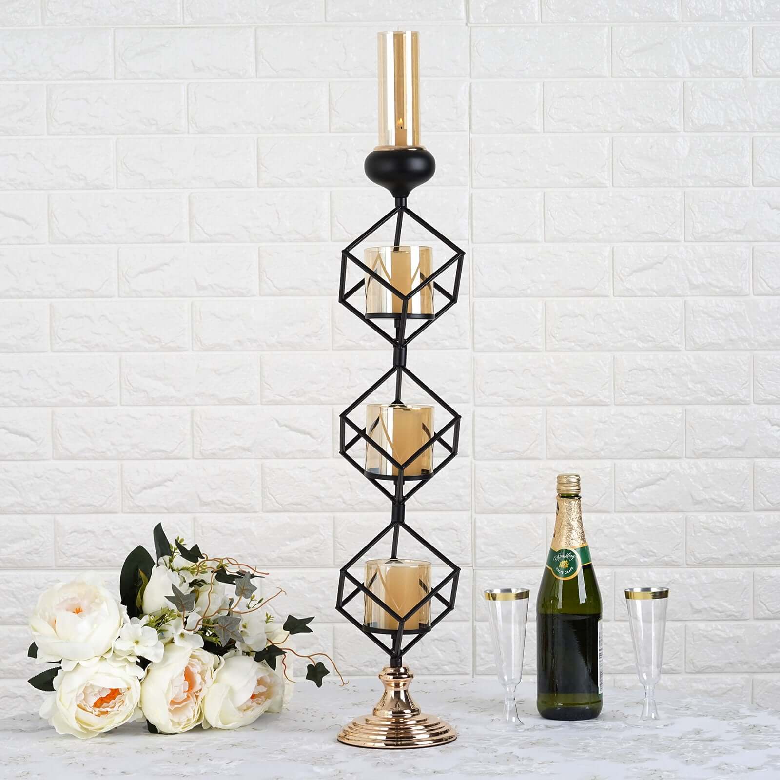 3-Tier Black Geometric Candle Holder 28" Tall with Amber Glass Votives & Gold Trim - Sleek Centerpiece Decor for Tables & Events - Image 8