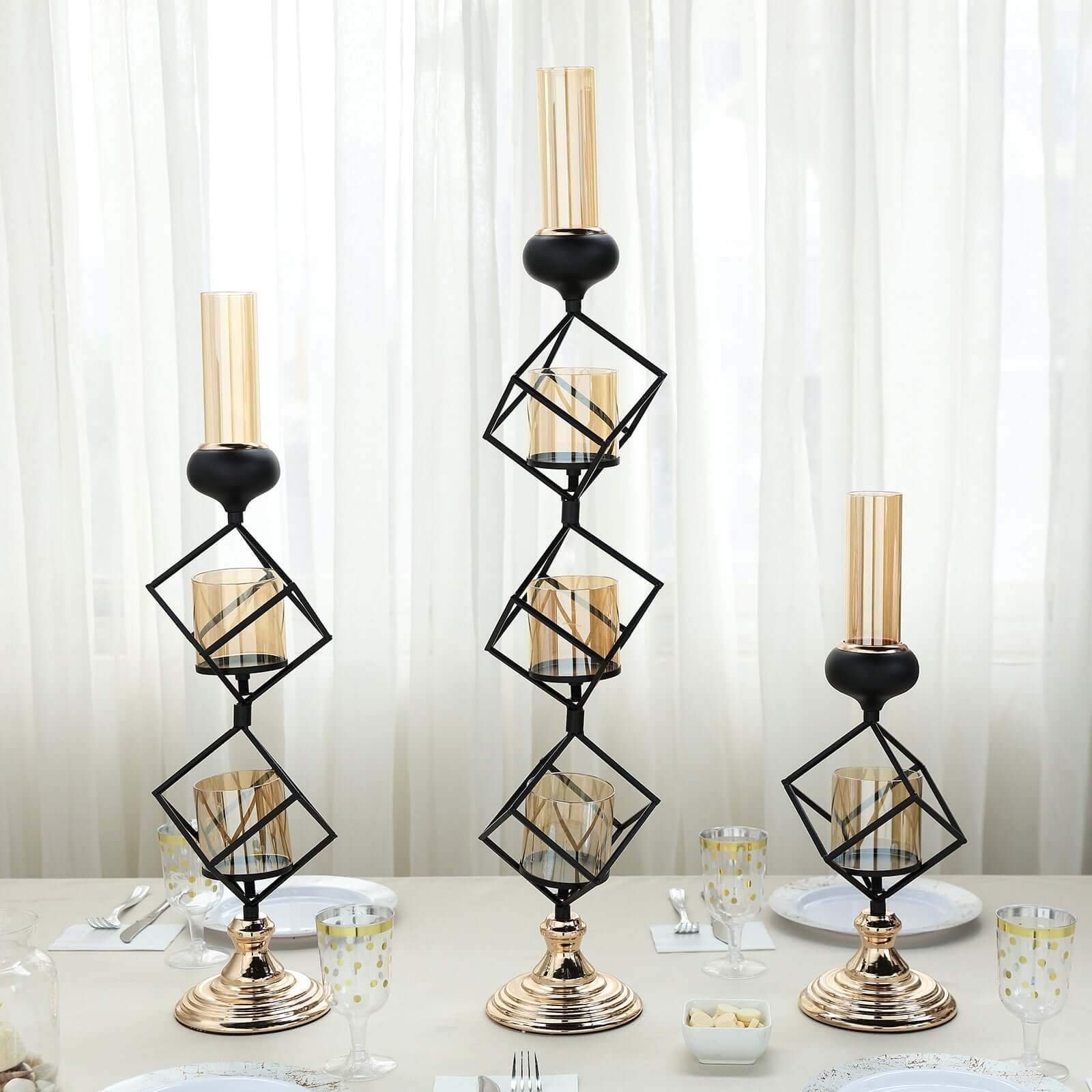 3-Tier Black Geometric Candle Holder 28" Tall with Amber Glass Votives & Gold Trim - Sleek Centerpiece Decor for Tables & Events - Image 9