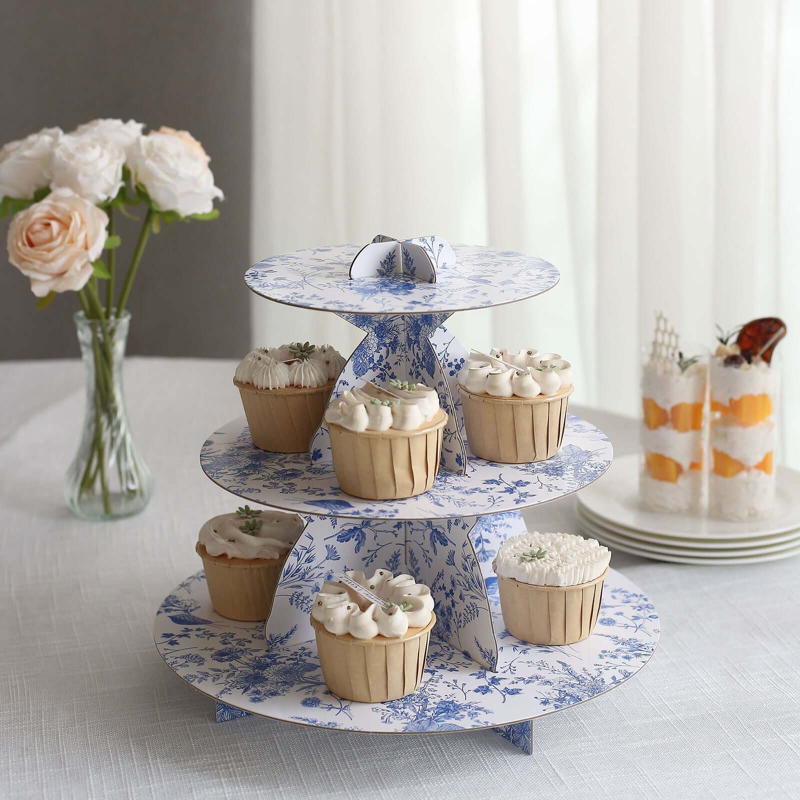 3-Tier Cardboard Cupcake Stand 11" White with Blue French Toile Pattern - Sturdy Dessert Display Stand Round Serving Platter for Refined Bridal Showers Afternoon Teas & Baby Showers