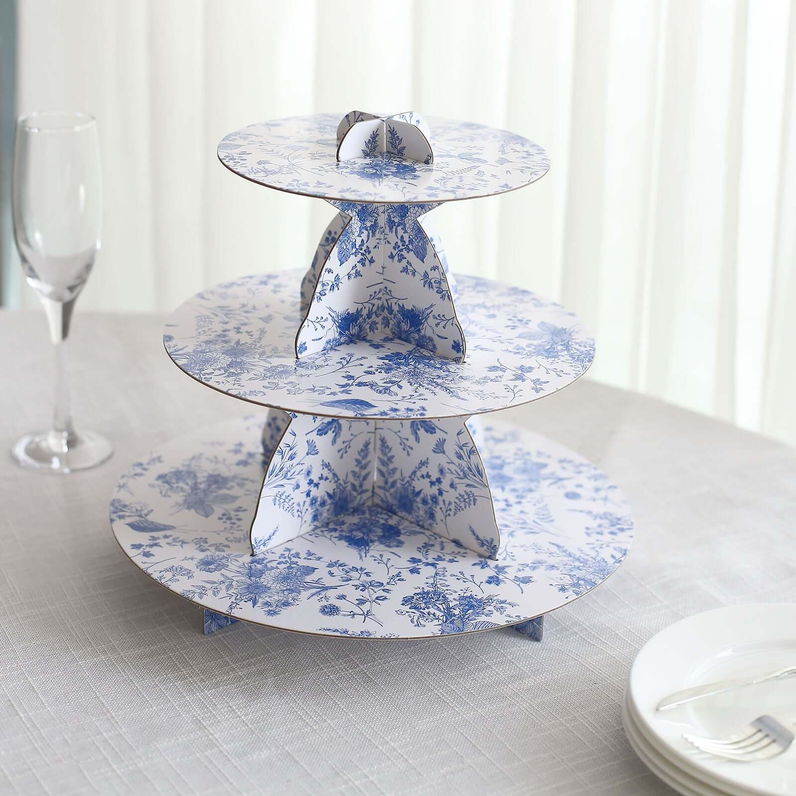 3-Tier Cardboard Cupcake Stand 11" White with Blue French Toile Pattern - Sturdy Dessert Display Stand Round Serving Platter for Refined Bridal Showers Afternoon Teas & Baby Showers - Image 2