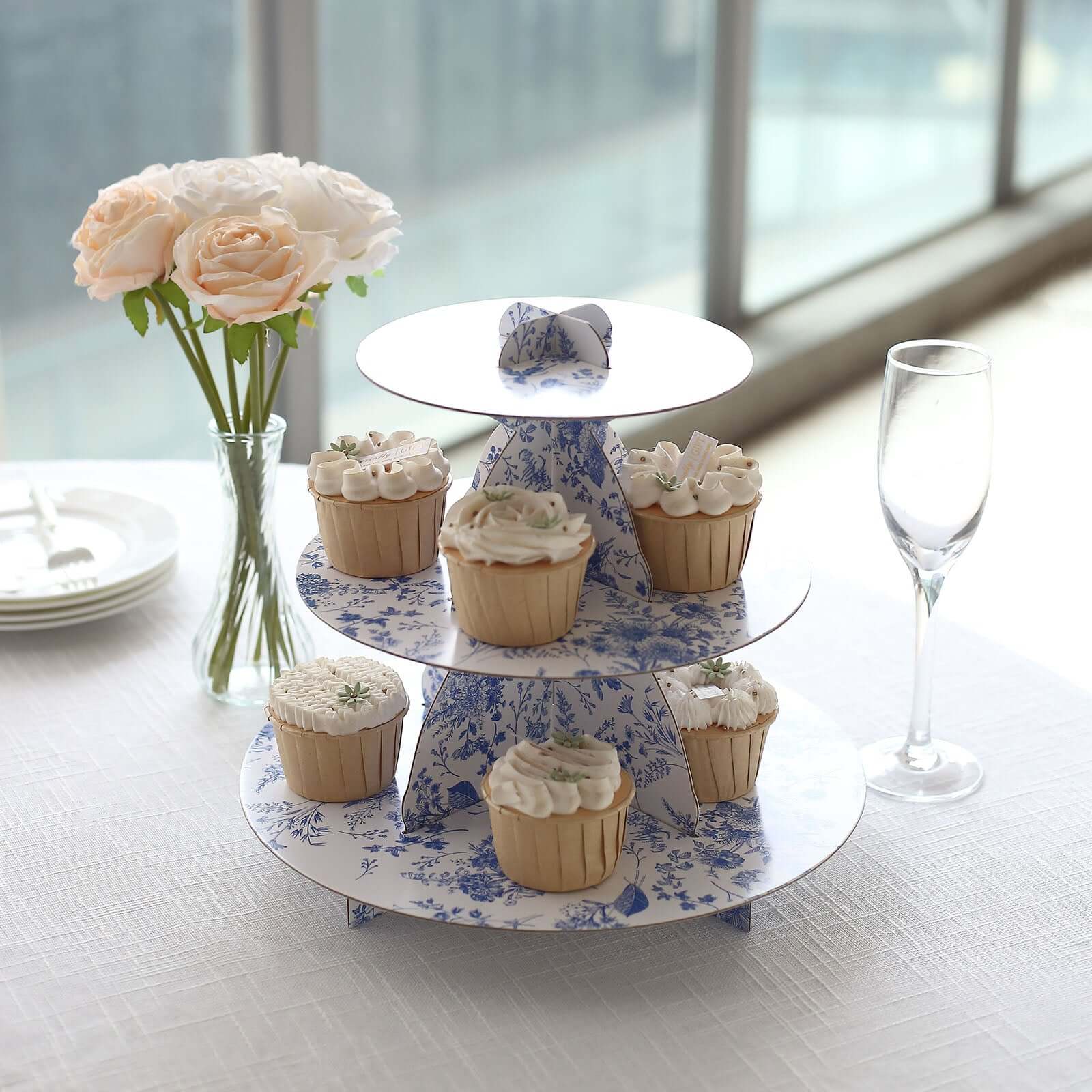 3-Tier Cardboard Cupcake Stand 11" White with Blue French Toile Pattern - Sturdy Dessert Display Stand Round Serving Platter for Refined Bridal Showers Afternoon Teas & Baby Showers - Image 4