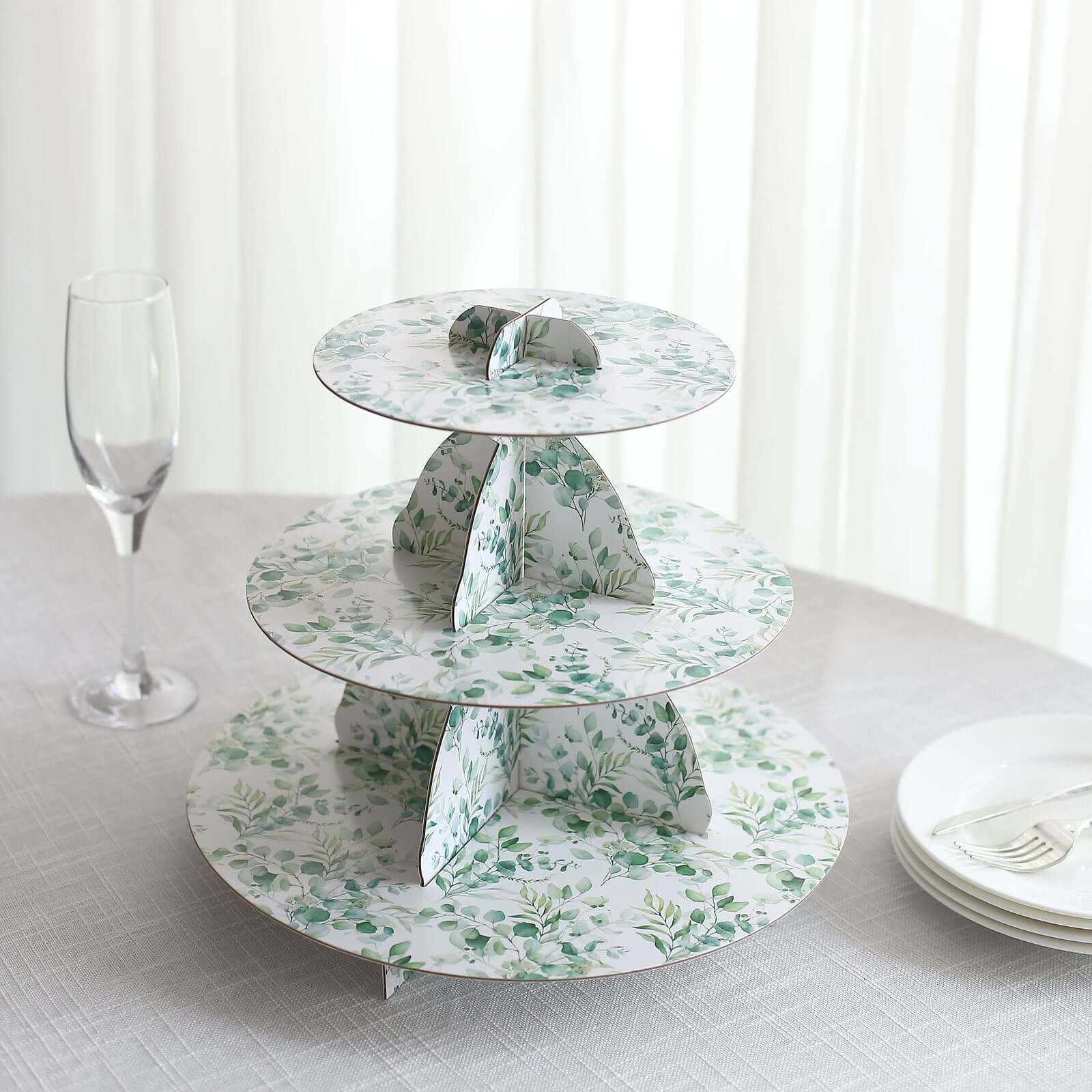 3-Tier Cardboard Cupcake Stand 11" White with Green Eucalyptus Leaves Print - Sturdy Dessert Display Stand Round Serving Platter for Refined Bridal Showers Afternoon Teas & Baby Showers