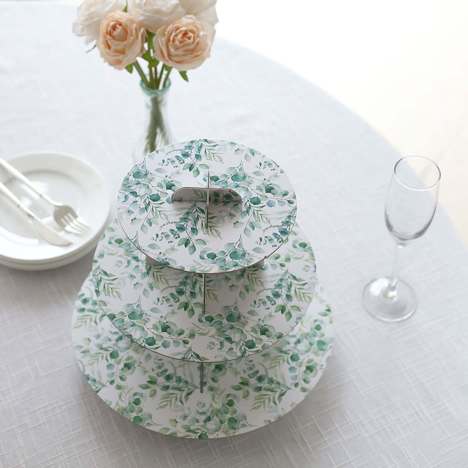 3-Tier Cardboard Cupcake Stand 11" White with Green Eucalyptus Leaves Print - Sturdy Dessert Display Stand Round Serving Platter for Refined Bridal Showers Afternoon Teas & Baby Showers - Image 4