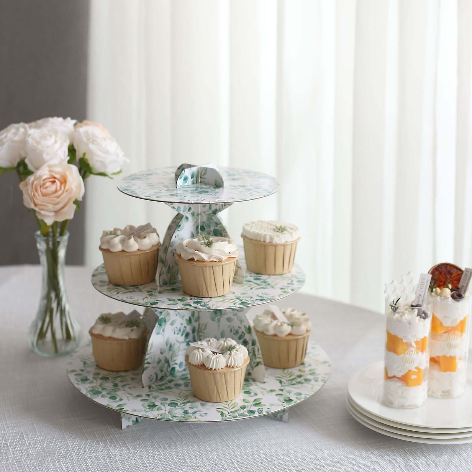 3-Tier Cardboard Cupcake Stand 11" White with Green Eucalyptus Leaves Print - Sturdy Dessert Display Stand Round Serving Platter for Refined Bridal Showers Afternoon Teas & Baby Showers - Image 6