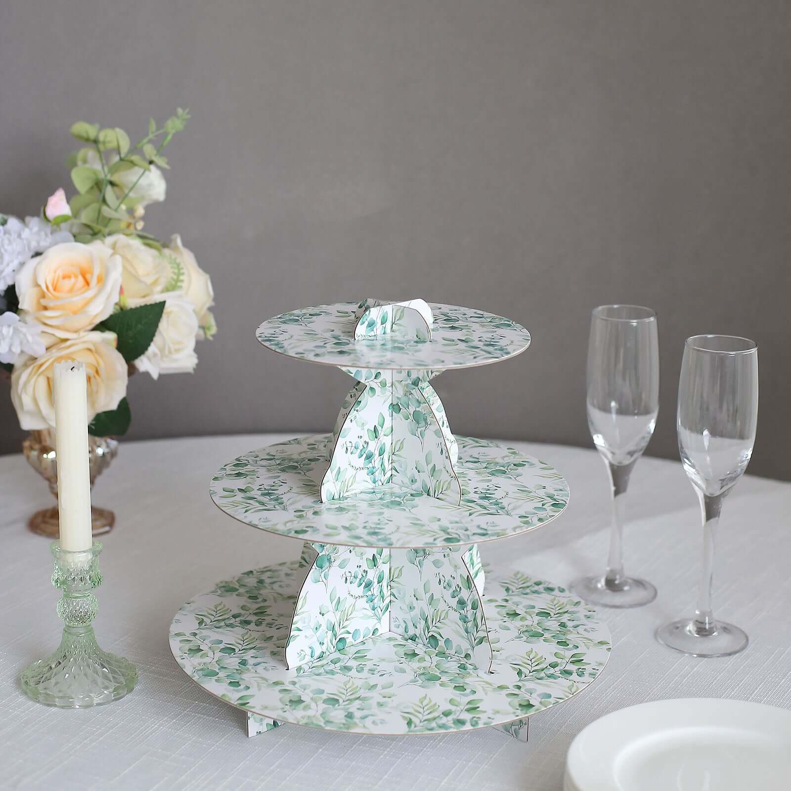 3-Tier Cardboard Cupcake Stand 11" White with Green Eucalyptus Leaves Print - Sturdy Dessert Display Stand Round Serving Platter for Refined Bridal Showers Afternoon Teas & Baby Showers - Image 7