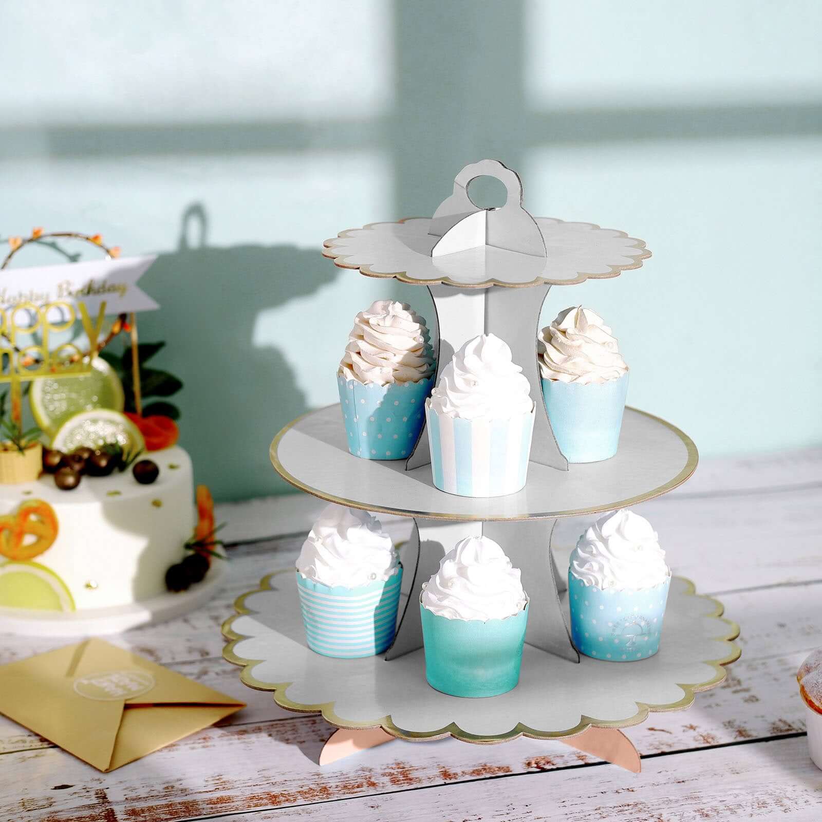 3-Tier Cardboard Cupcake Stand 13" White with Gold Scalloped Rim - Reusable & Easy-to-Assemble Dessert Treat Tower for Baby Showers Birthdays & Events - Image 2