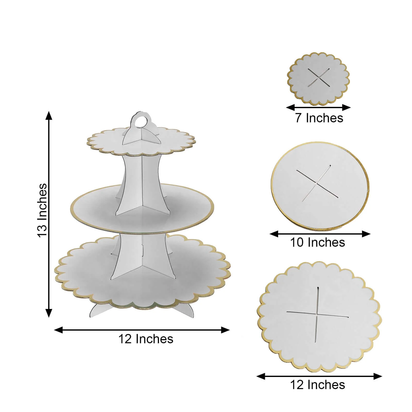 3-Tier Cardboard Cupcake Stand 13" White with Gold Scalloped Rim - Reusable & Easy-to-Assemble Dessert Treat Tower for Baby Showers Birthdays & Events - Image 3