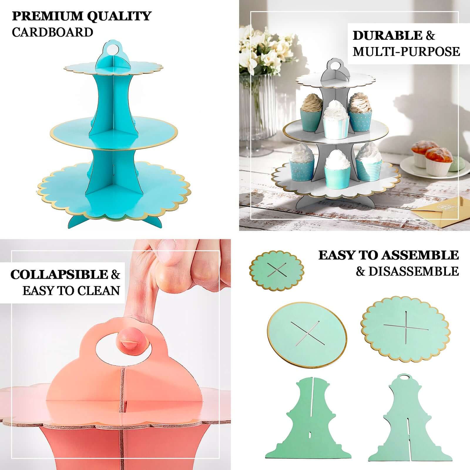 3-Tier Cardboard Cupcake Stand 13" White with Gold Scalloped Rim - Reusable & Easy-to-Assemble Dessert Treat Tower for Baby Showers Birthdays & Events - Image 4