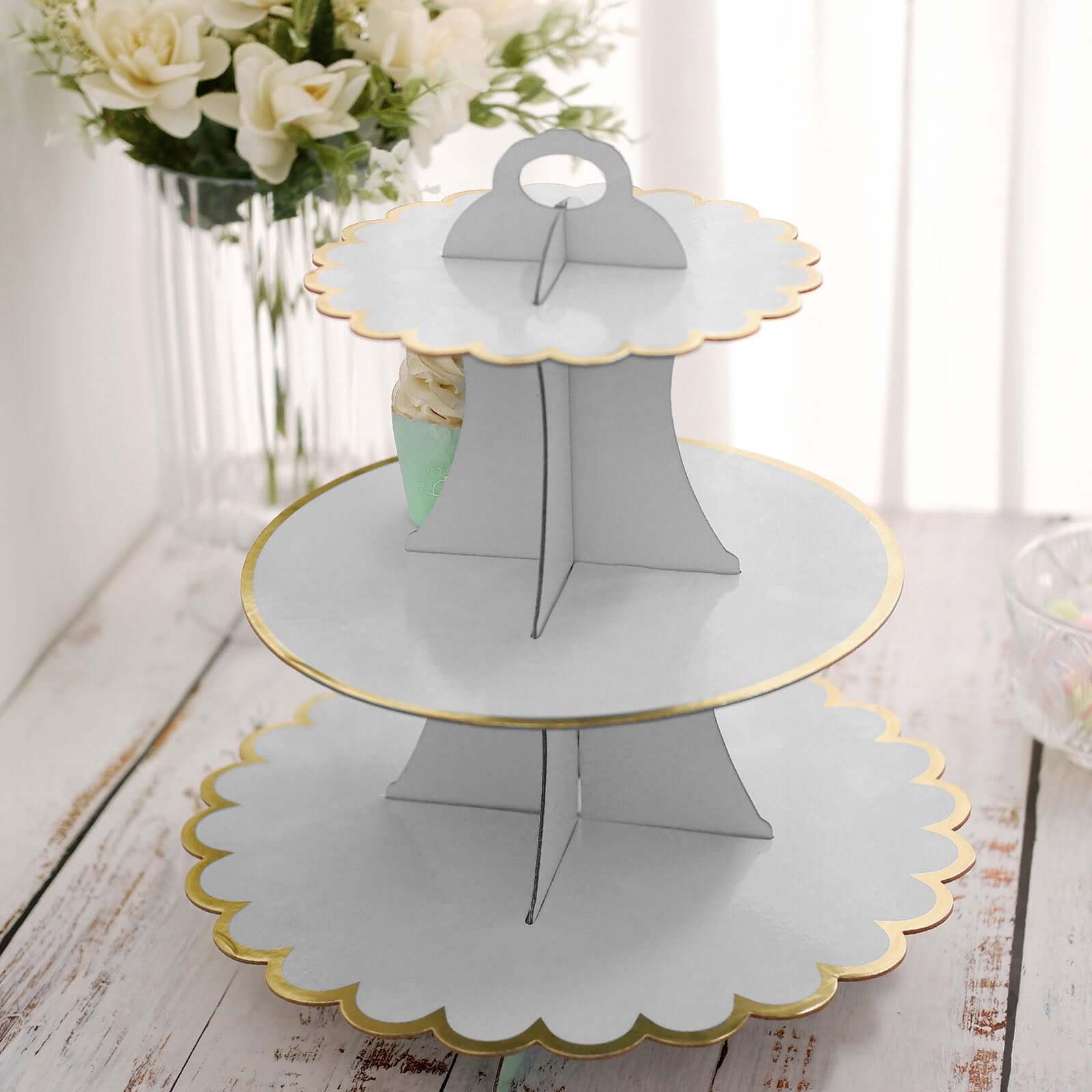 3-Tier Cardboard Cupcake Stand 13" White with Gold Scalloped Rim - Reusable & Easy-to-Assemble Dessert Treat Tower for Baby Showers Birthdays & Events - Image 7