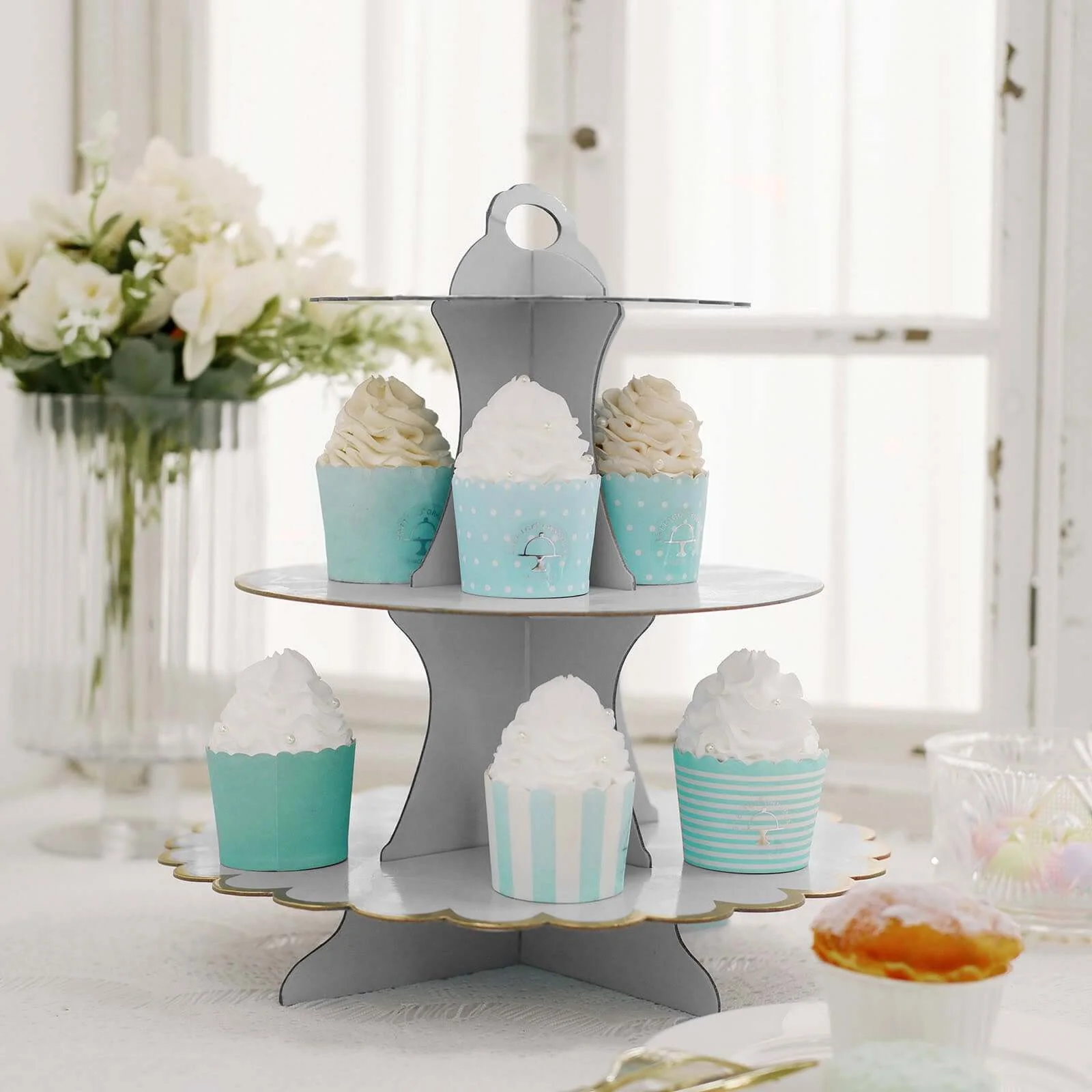 3-Tier Cardboard Cupcake Stand 13" White with Gold Scalloped Rim - Reusable & Easy-to-Assemble Dessert Treat Tower for Baby Showers Birthdays & Events - Image 8
