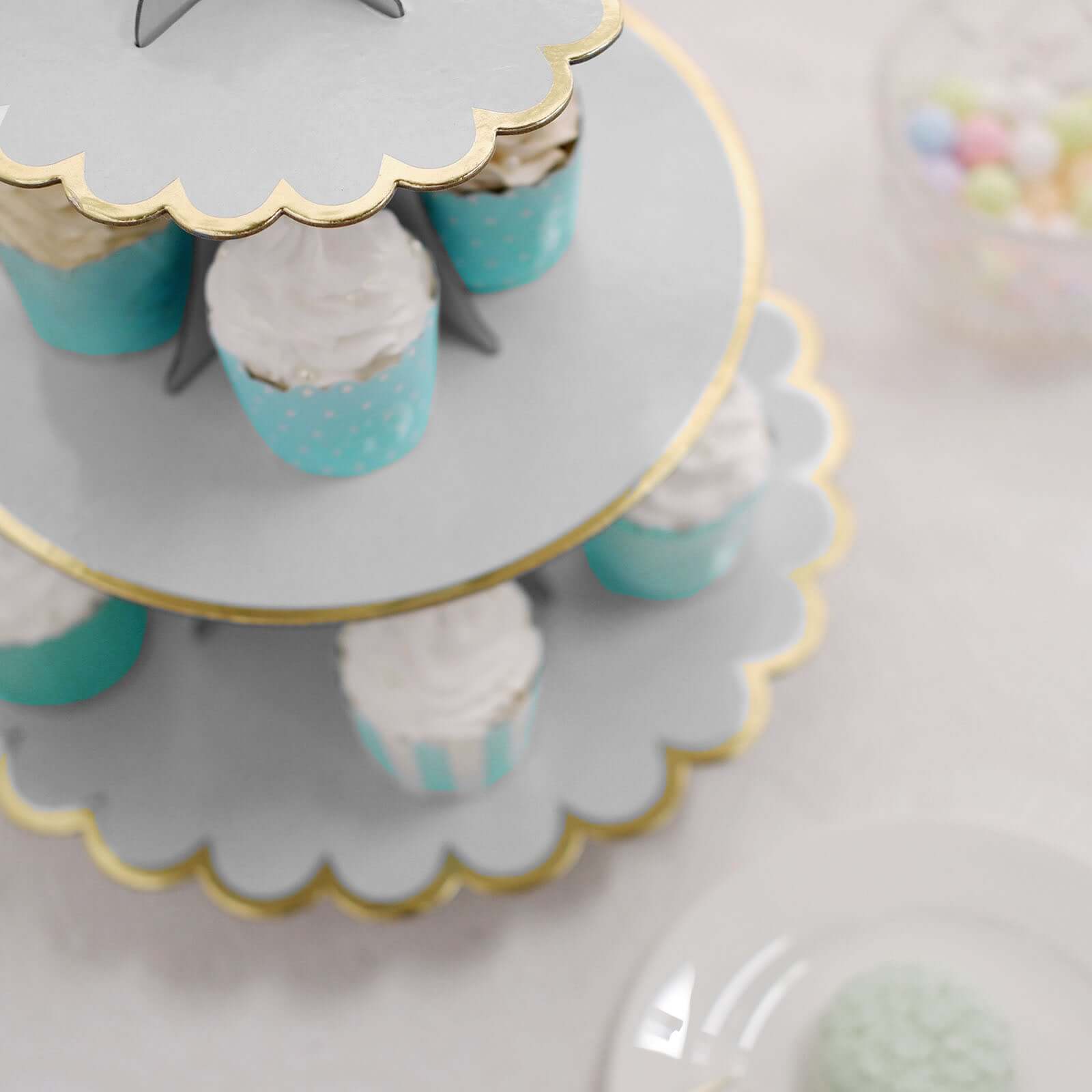 3-Tier Cardboard Cupcake Stand 13" White with Gold Scalloped Rim - Reusable & Easy-to-Assemble Dessert Treat Tower for Baby Showers Birthdays & Events - Image 9
