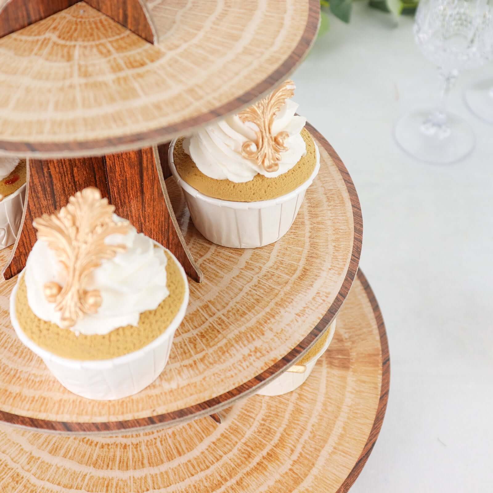 3-Tier Cardboard Cupcake Stand 14" Natural Wood Plank Print - Easy-to-Assemble Dessert Table Display Tower for Stylish Sweets Buffet Presentation - Image 10