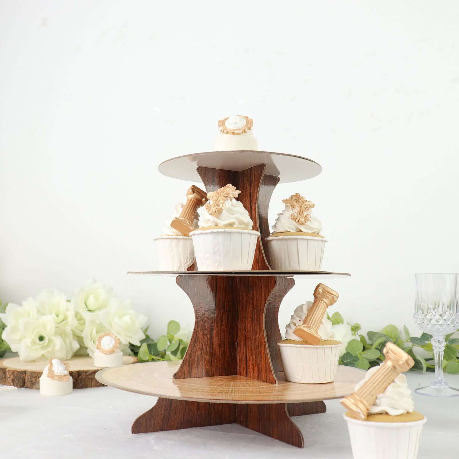 3-Tier Cardboard Cupcake Stand 14" Natural Wood Plank Print - Easy-to-Assemble Dessert Table Display Tower for Stylish Sweets Buffet Presentation - Image 12