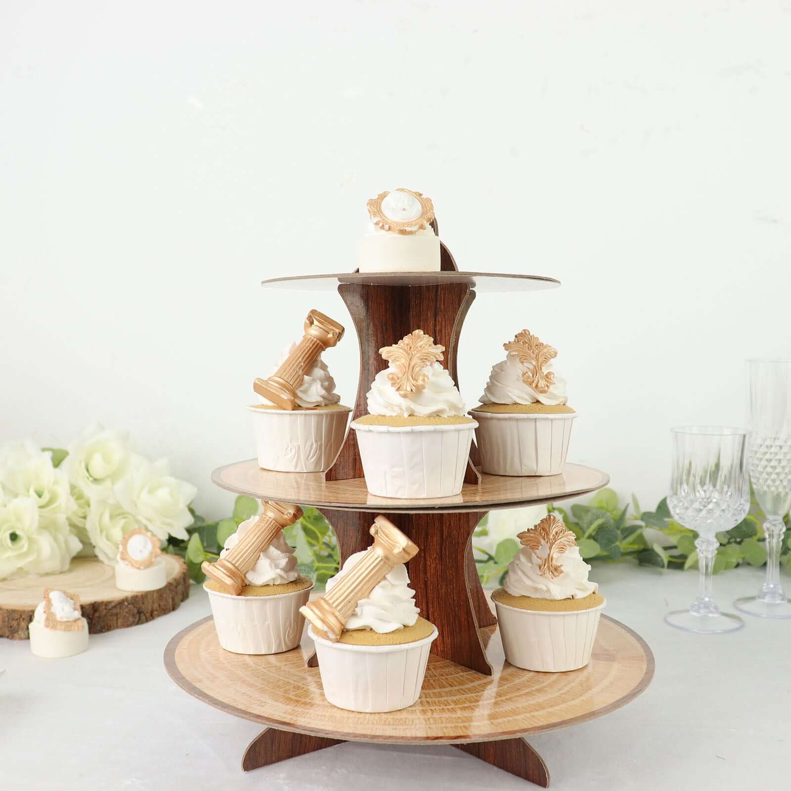 3-Tier Cardboard Cupcake Stand 14" Natural Wood Plank Print - Easy-to-Assemble Dessert Table Display Tower for Stylish Sweets Buffet Presentation - Image 2
