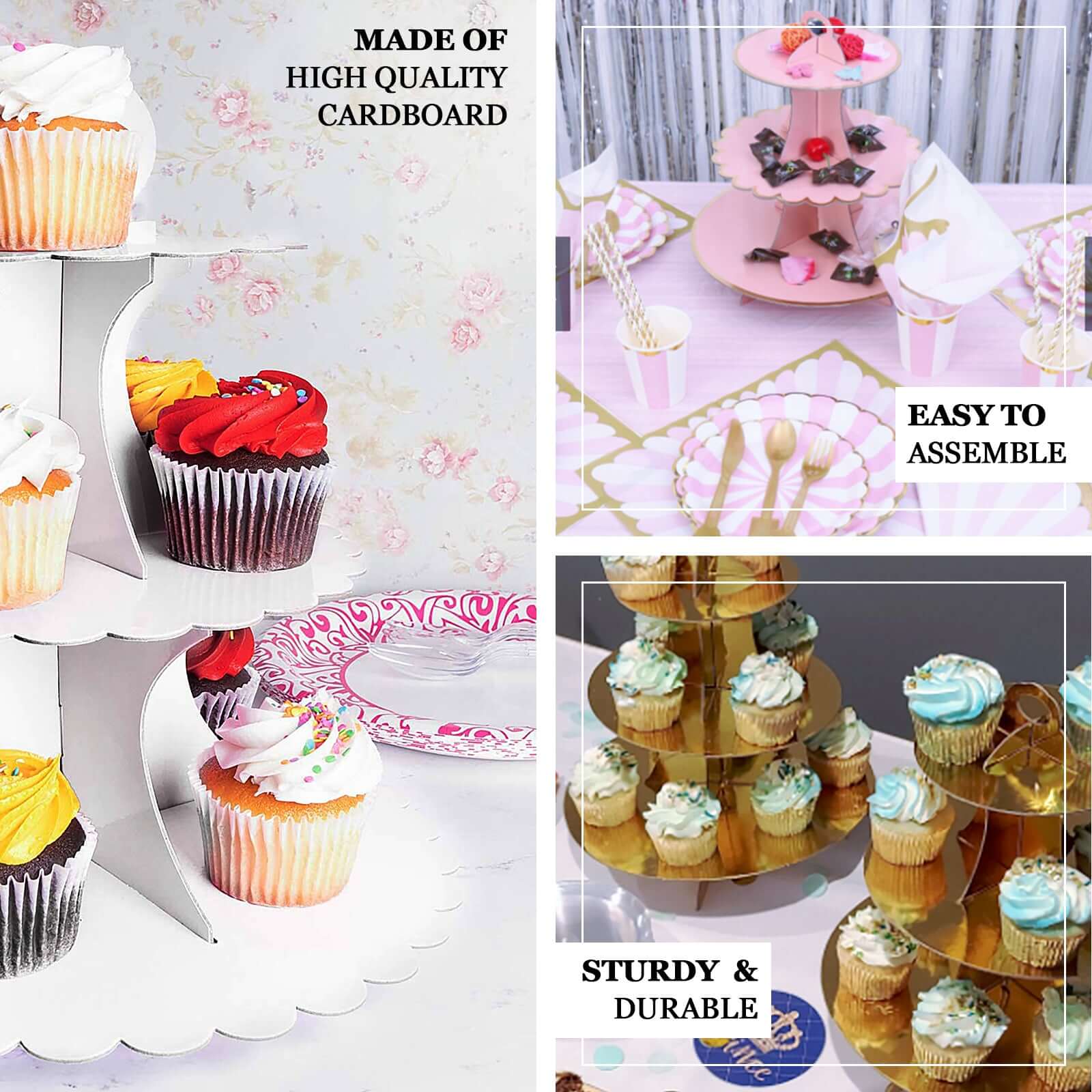 3-Tier Cardboard Cupcake Stand 14" Natural Wood Plank Print - Easy-to-Assemble Dessert Table Display Tower for Stylish Sweets Buffet Presentation - Image 4