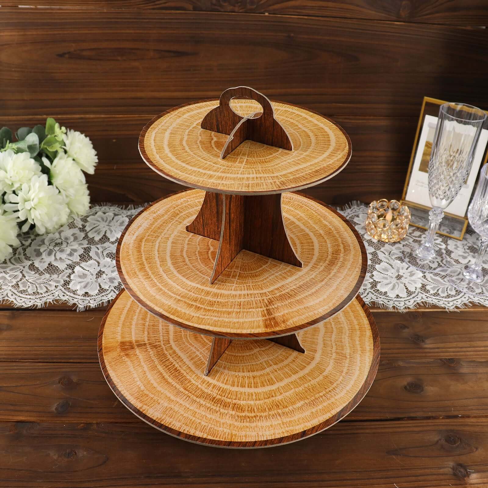 3-Tier Cardboard Cupcake Stand 14" Natural Wood Plank Print - Easy-to-Assemble Dessert Table Display Tower for Stylish Sweets Buffet Presentation - Image 8