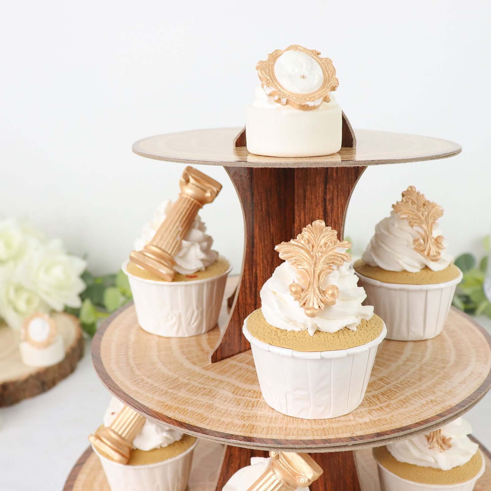 3-Tier Cardboard Cupcake Stand 14" Natural Wood Plank Print - Easy-to-Assemble Dessert Table Display Tower for Stylish Sweets Buffet Presentation - Image 9