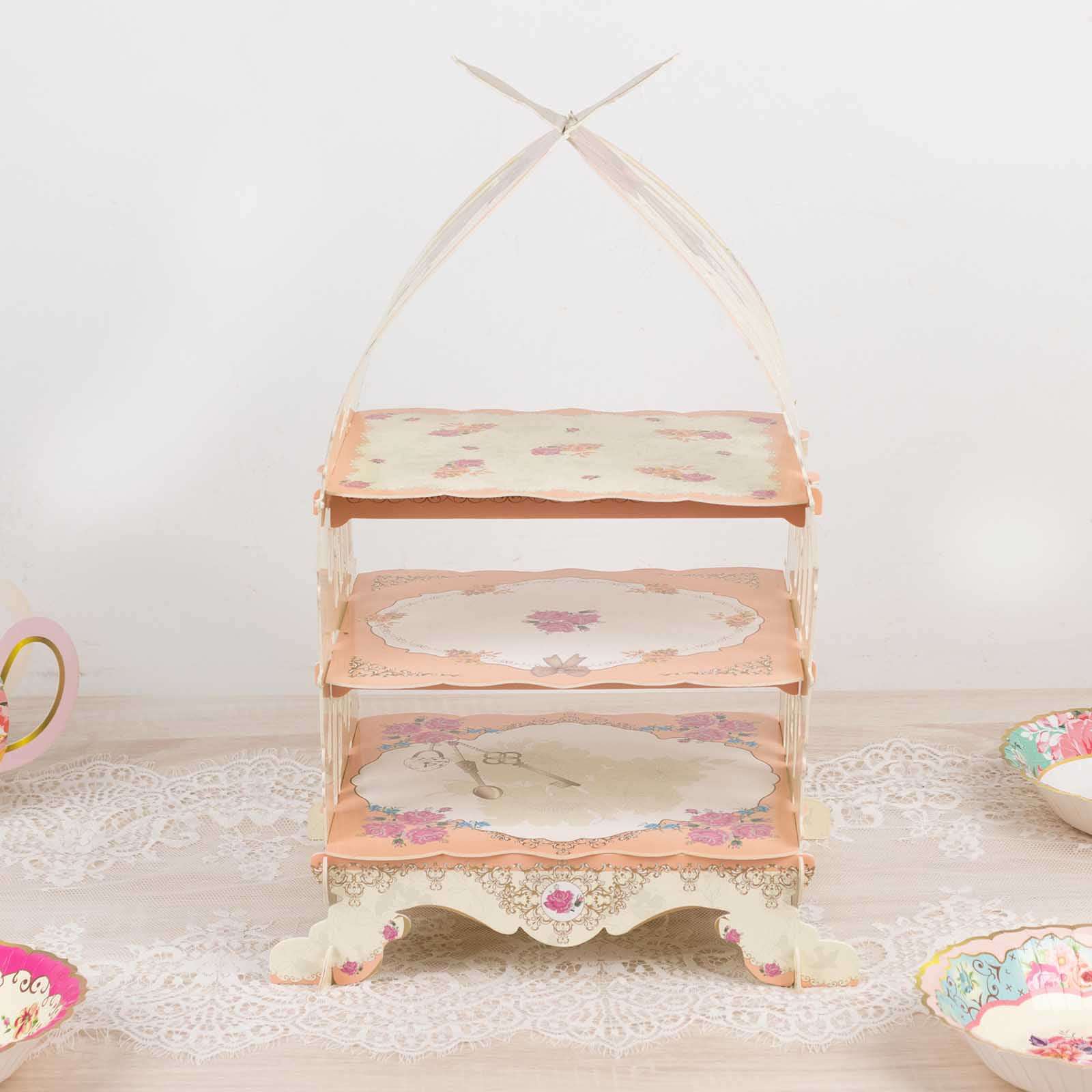 3 Tier Cardboard Cupcake Stand 18" White/Peach Birdcage Style with Floral Print - Sturdy Cake Display Dessert Holder for Stylish Weddings Baby Showers & Garden Parties - Image 4