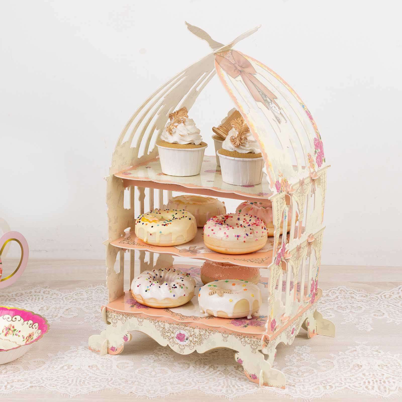 3 Tier Cardboard Cupcake Stand 18" White/Peach Birdcage Style with Floral Print - Sturdy Cake Display Dessert Holder for Stylish Weddings Baby Showers & Garden Parties - Image 5