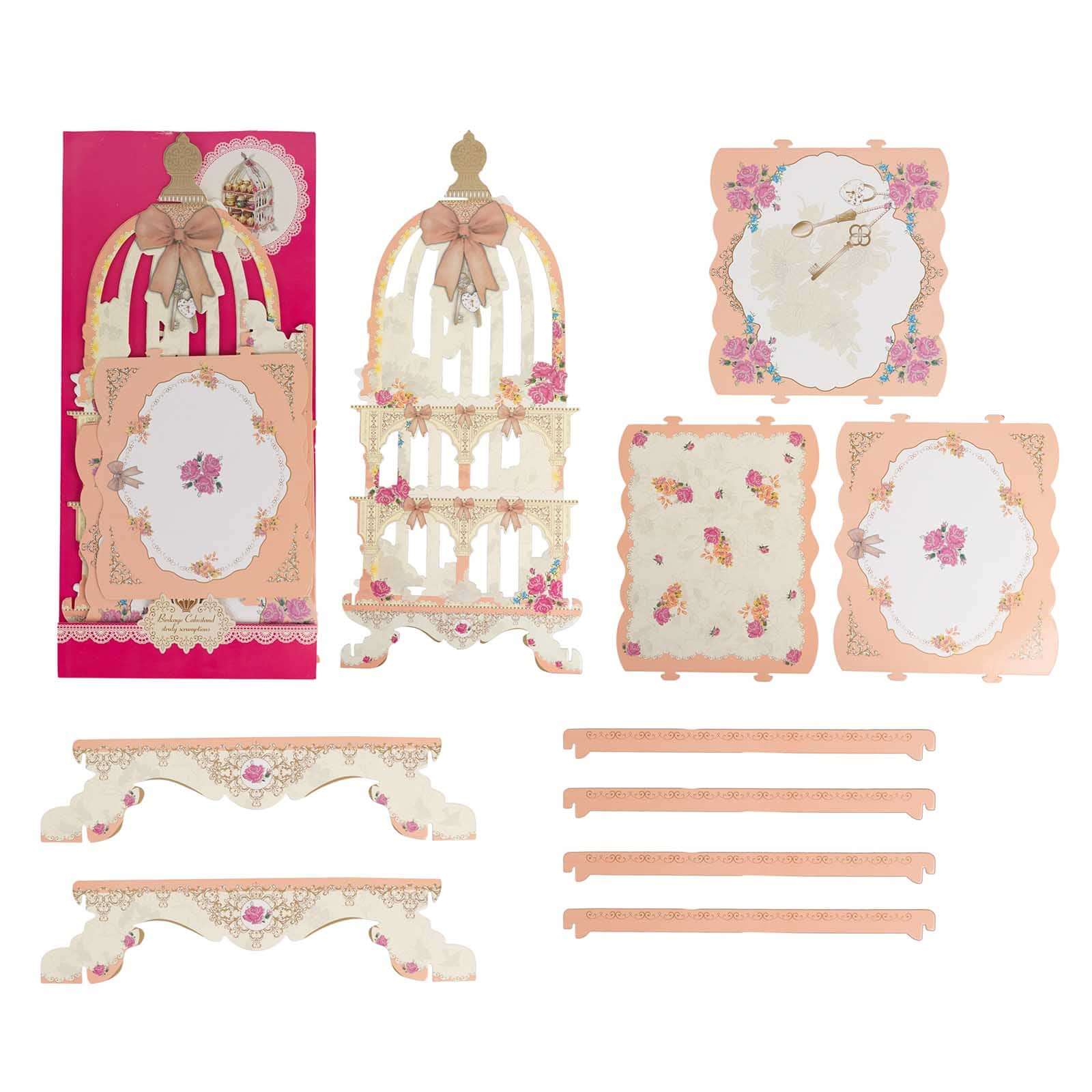 3 Tier Cardboard Cupcake Stand 18" White/Peach Birdcage Style with Floral Print - Sturdy Cake Display Dessert Holder for Stylish Weddings Baby Showers & Garden Parties - Image 8