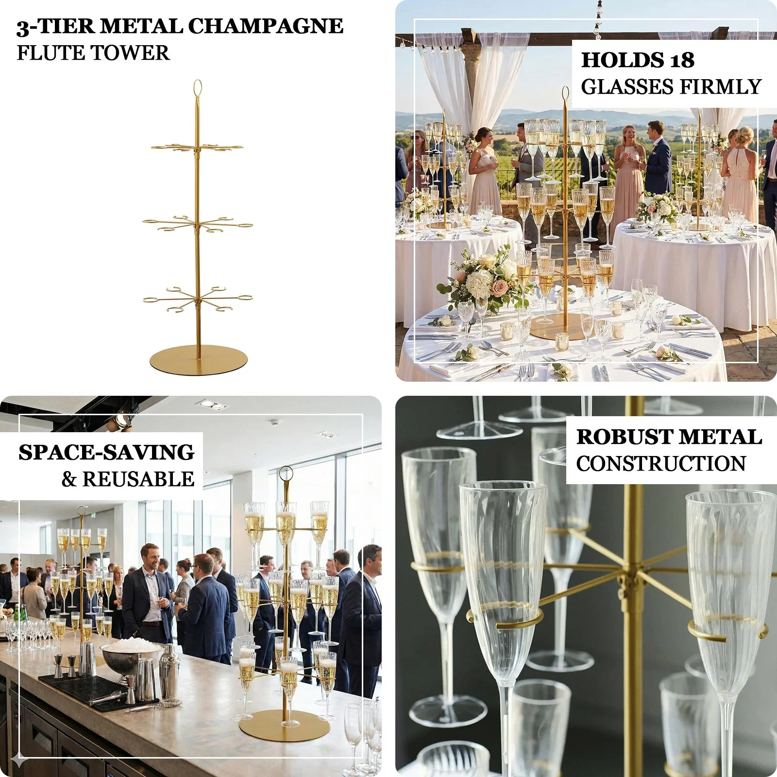 3-Tier Champagne Glass Holder Tower 33" Gold, Stable Metal Flute Display Rack Cocktail Tree Stand for Stylish Drink Presentation - Image 4