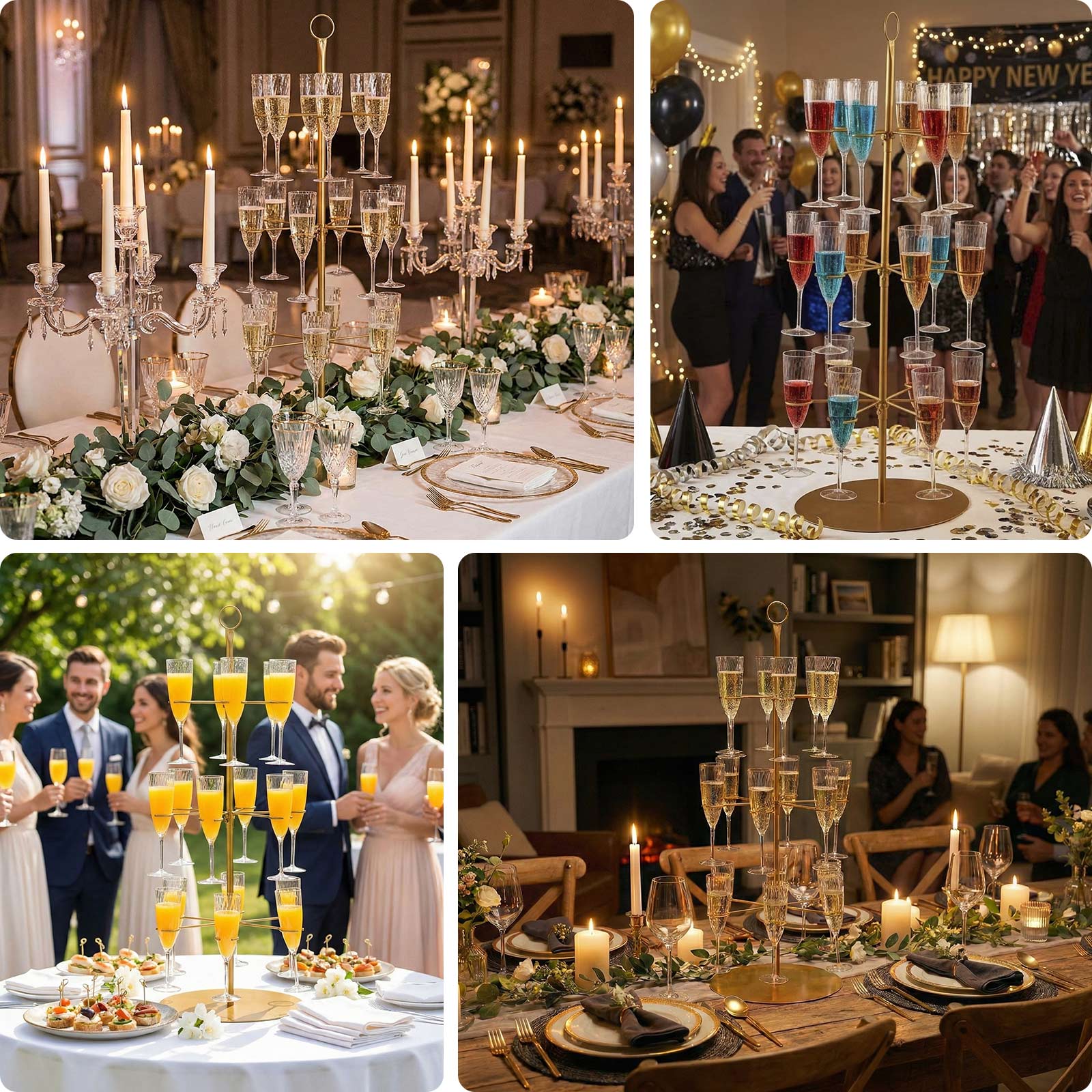 3-Tier Champagne Glass Holder Tower 33" Gold, Stable Metal Flute Display Rack Cocktail Tree Stand for Stylish Drink Presentation - Image 5