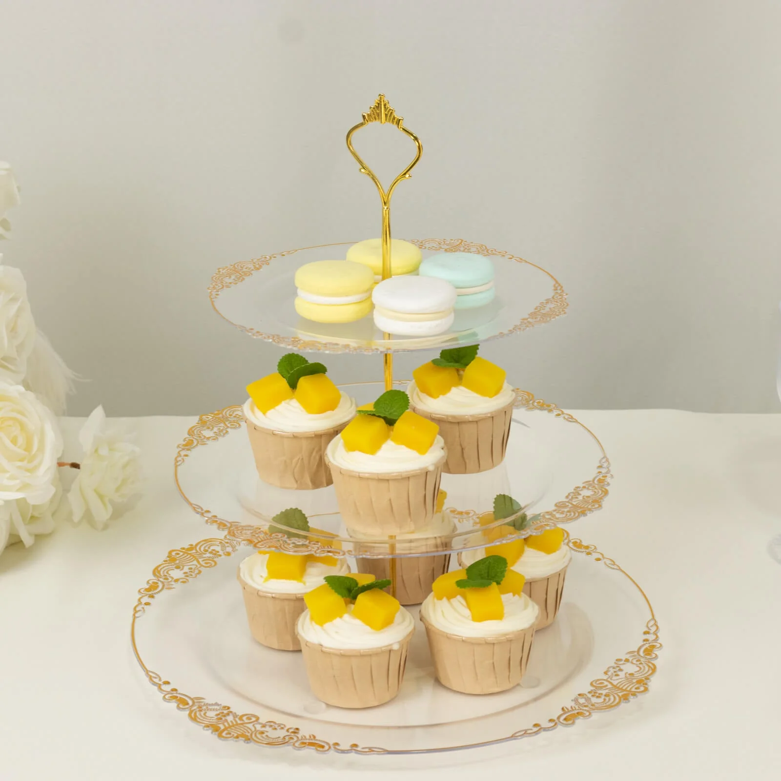 3-Tier Clear Plastic Cupcake Stand Holder with Gold Embossed Baroque Rim, Round Cake Dessert Display Stand Tiered Serving Tray with Top Handle - 13"