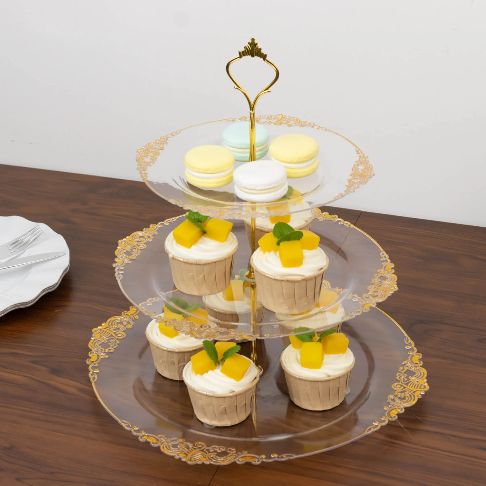 3-Tier Clear Plastic Cupcake Stand Holder with Gold Embossed Baroque Rim, Round Cake Dessert Display Stand Tiered Serving Tray with Top Handle - 13" - Image 6