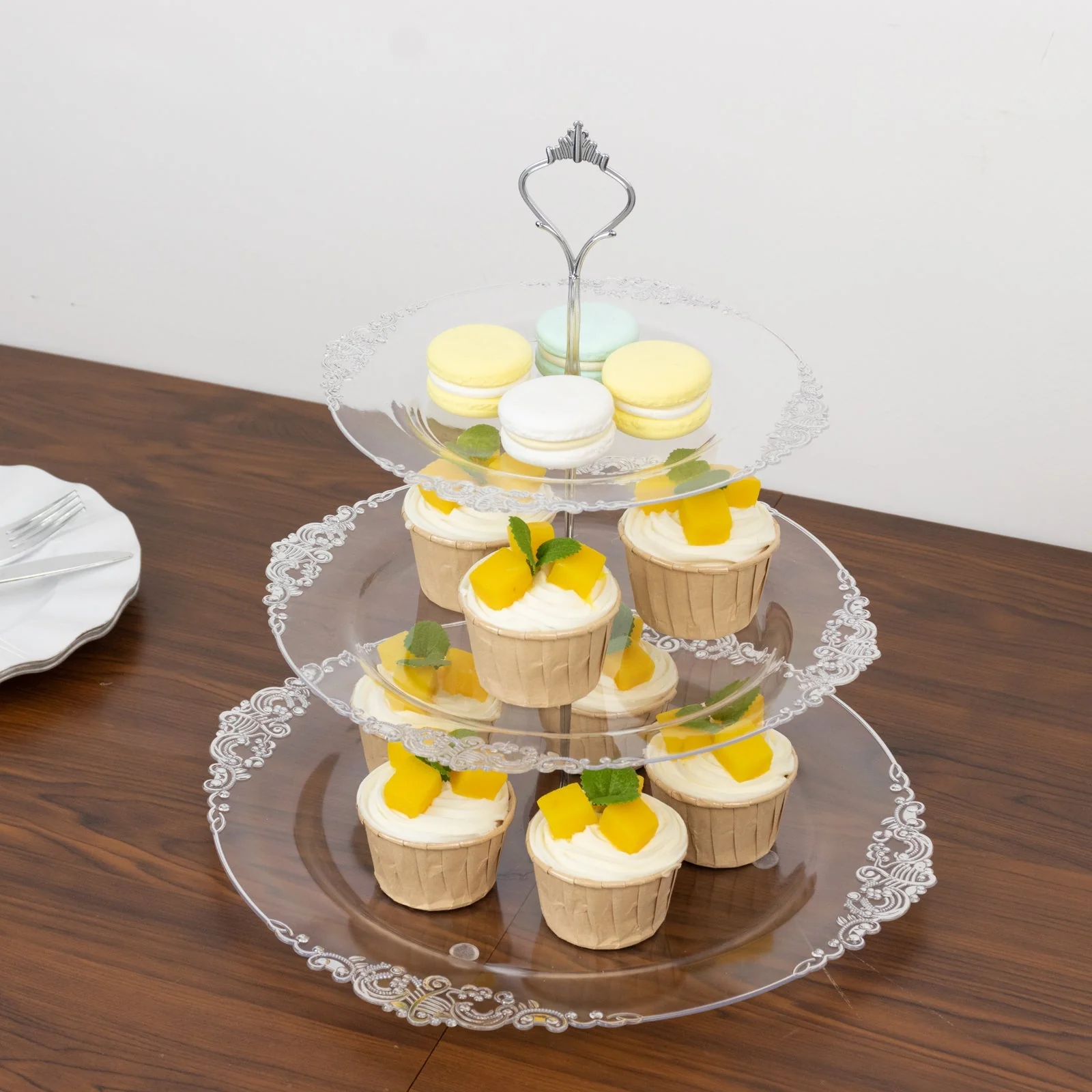 3-Tier Clear Plastic Cupcake Stand Holder with Silver Embossed Baroque Rim, Round Cake Dessert Display Stand Tiered Serving Tray with Top Handle - 13" - Image 3