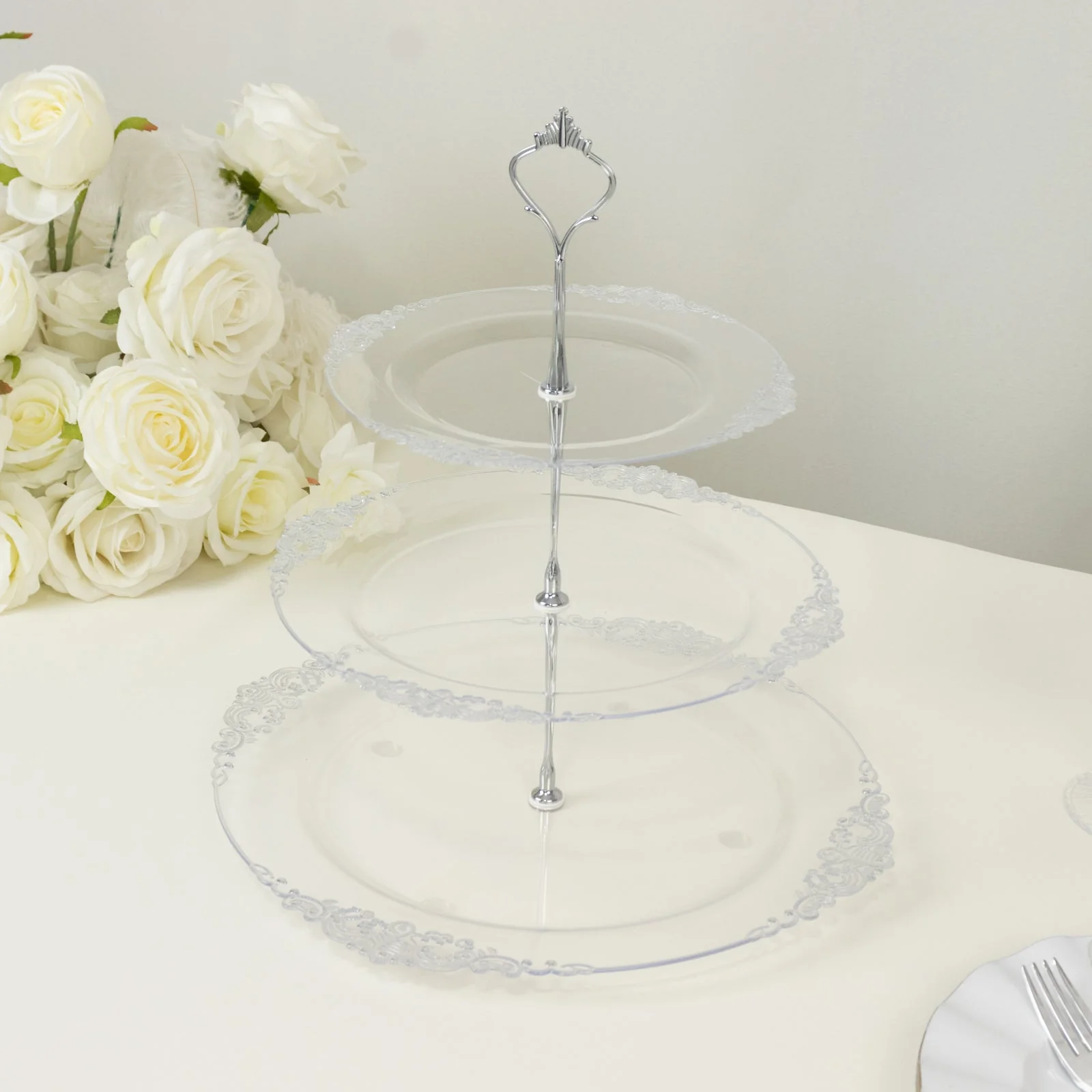 3-Tier Clear Plastic Cupcake Stand Holder with Silver Embossed Baroque Rim, Round Cake Dessert Display Stand Tiered Serving Tray with Top Handle - 13" - Image 5