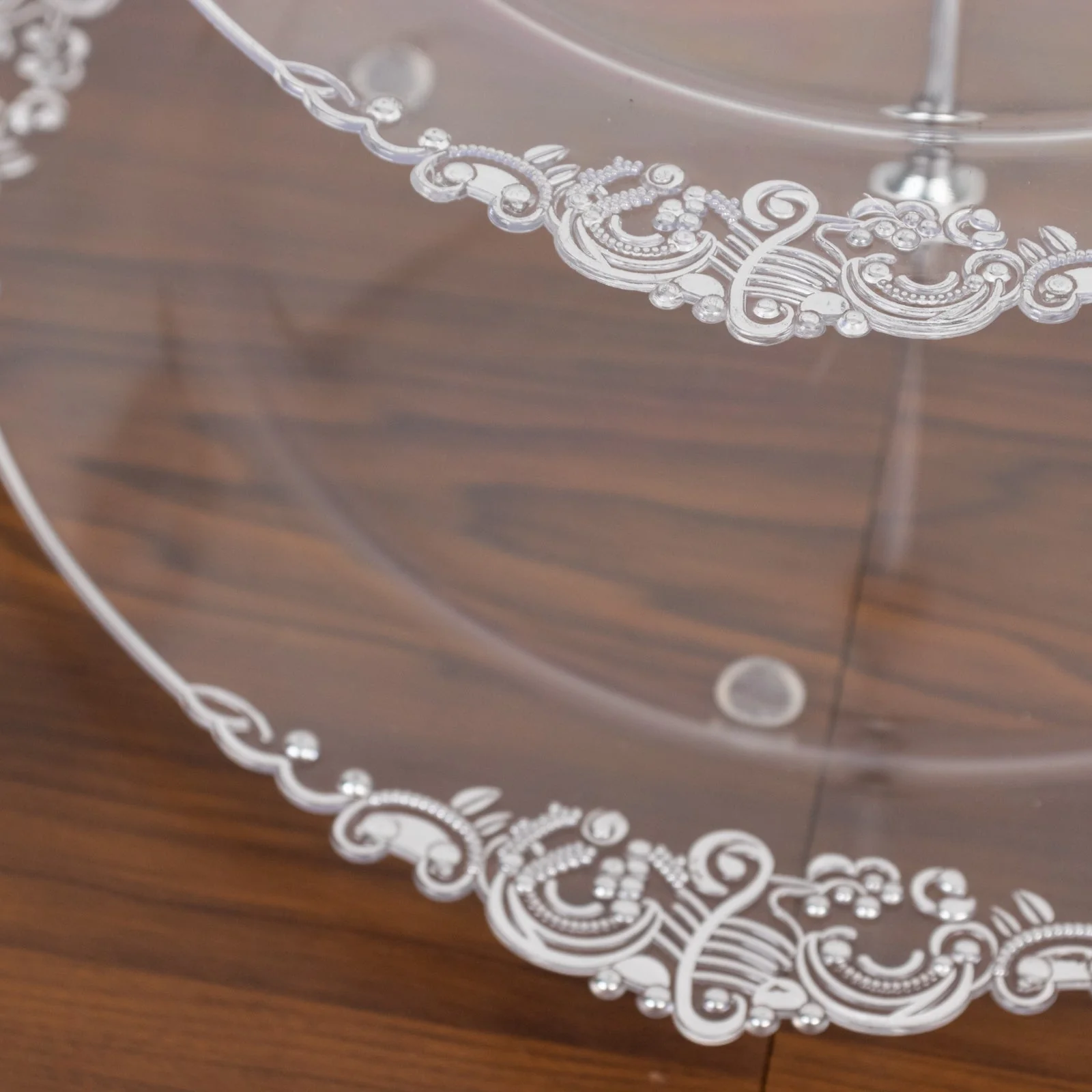 3-Tier Clear Plastic Cupcake Stand Holder with Silver Embossed Baroque Rim, Round Cake Dessert Display Stand Tiered Serving Tray with Top Handle - 13" - Image 8