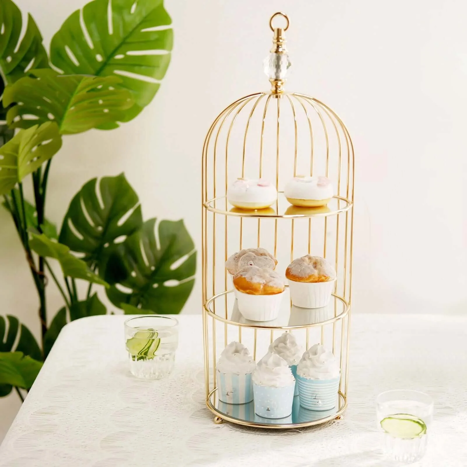 3-Tier Cupcake Cake Stand 22" Bird Cage Design with Crystal Top Mirror Base - Serving Tray with Hanging Option