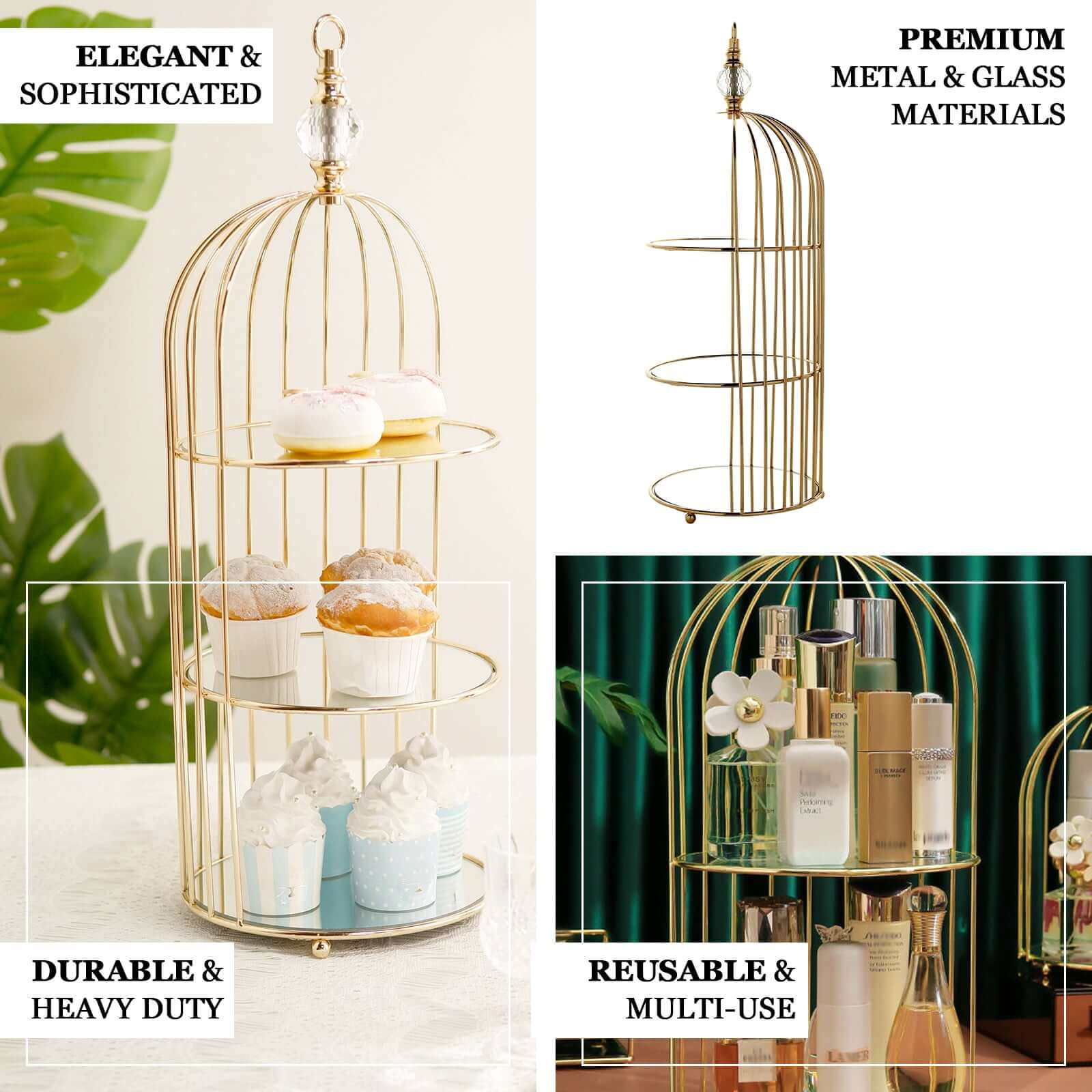 3-Tier Cupcake Cake Stand 22" Bird Cage Design with Crystal Top Mirror Base - Serving Tray with Hanging Option - Image 4