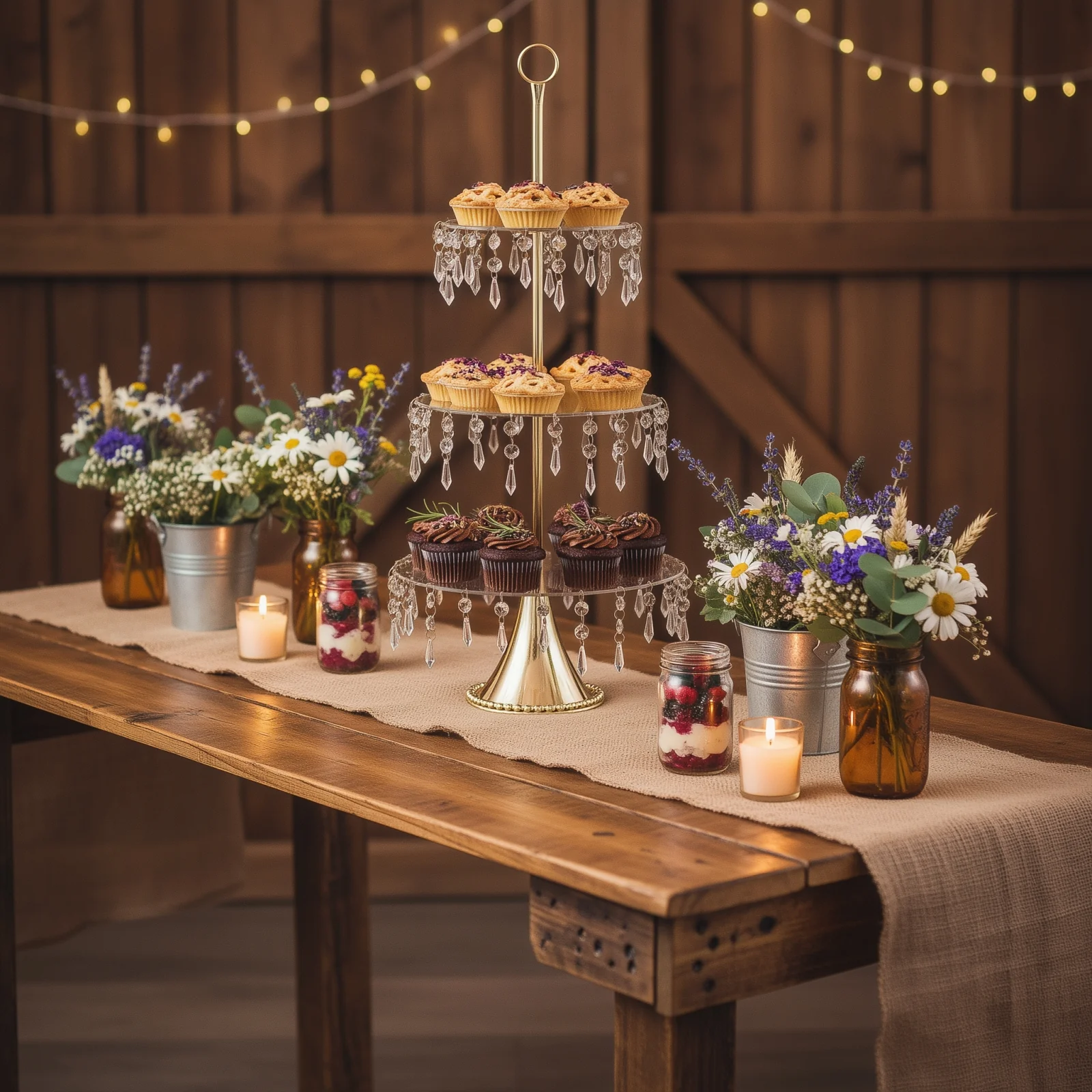 3-Tier Gold Cupcake Stand with Crystals – 2ft Tall Acrylic and Metal Dessert Display Tower - Image 4