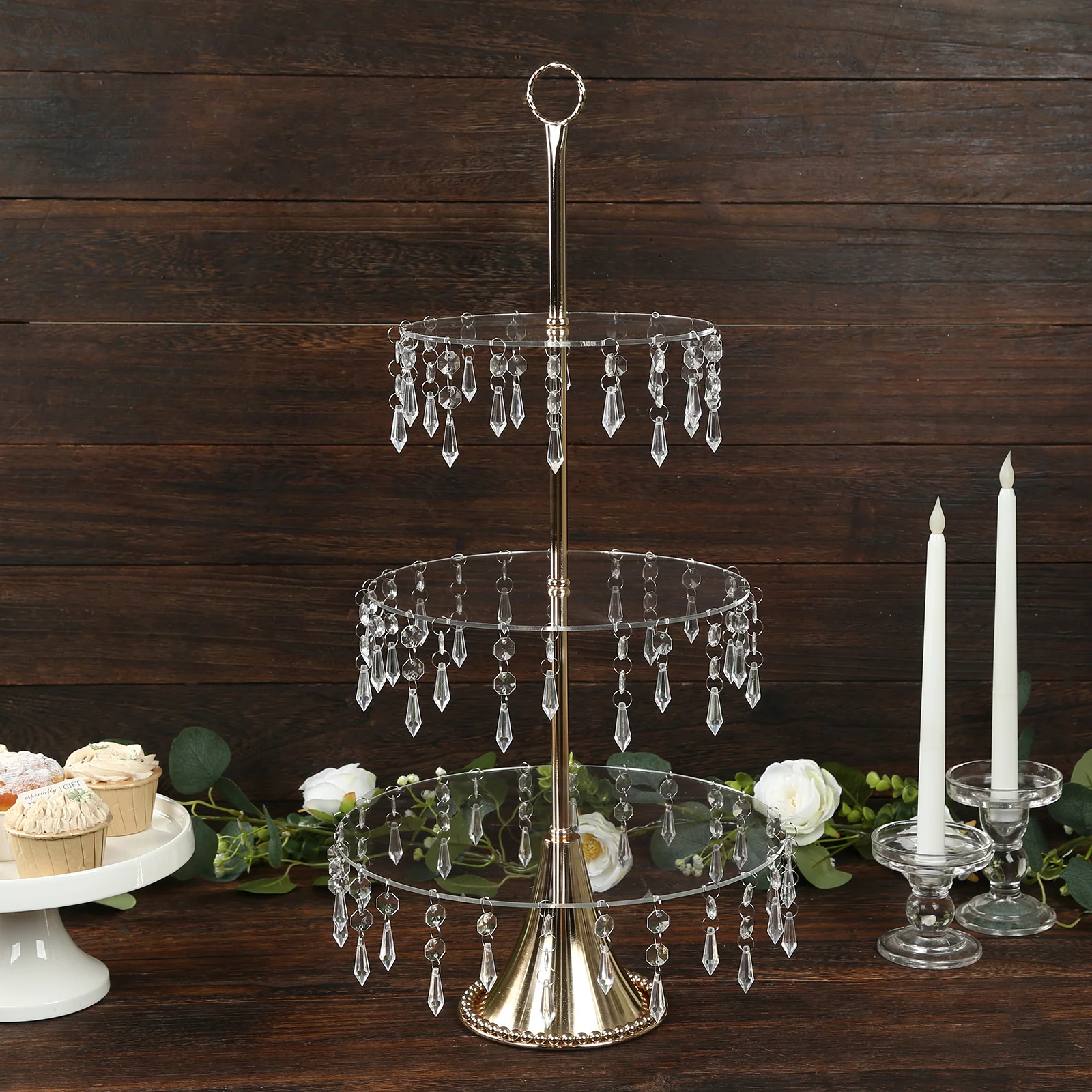 3-Tier Gold Cupcake Stand with Crystals – 2ft Tall Acrylic and Metal Dessert Display Tower - Image 5