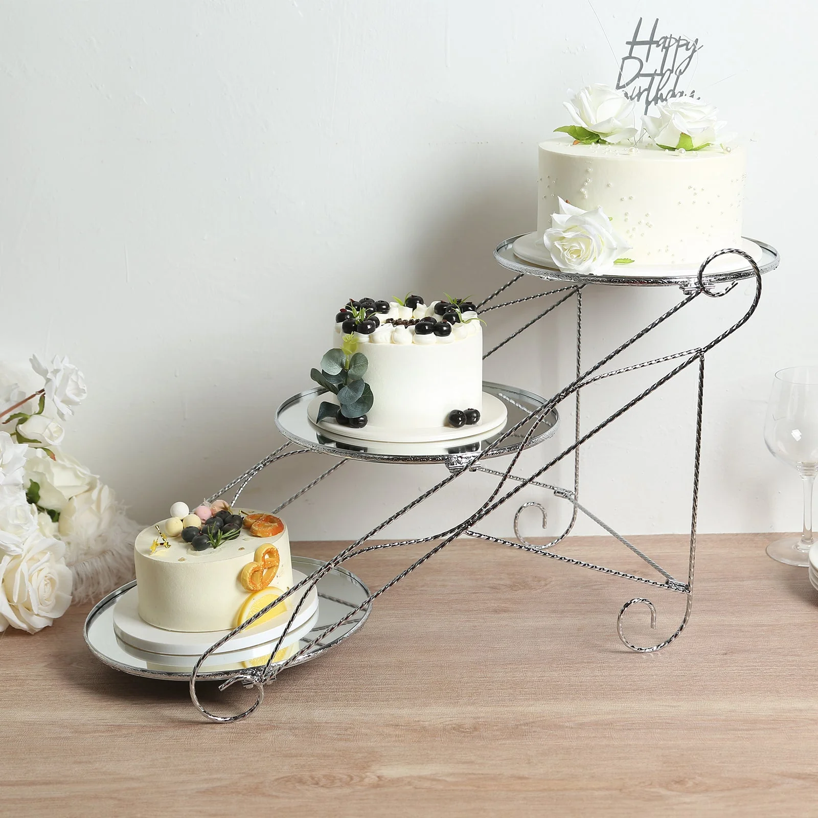 3-Tier Metal Cake Stand 16"x19" Cascading Design with Round Mirror Trays Silver - Dessert Display and Serving Platter - Image 4