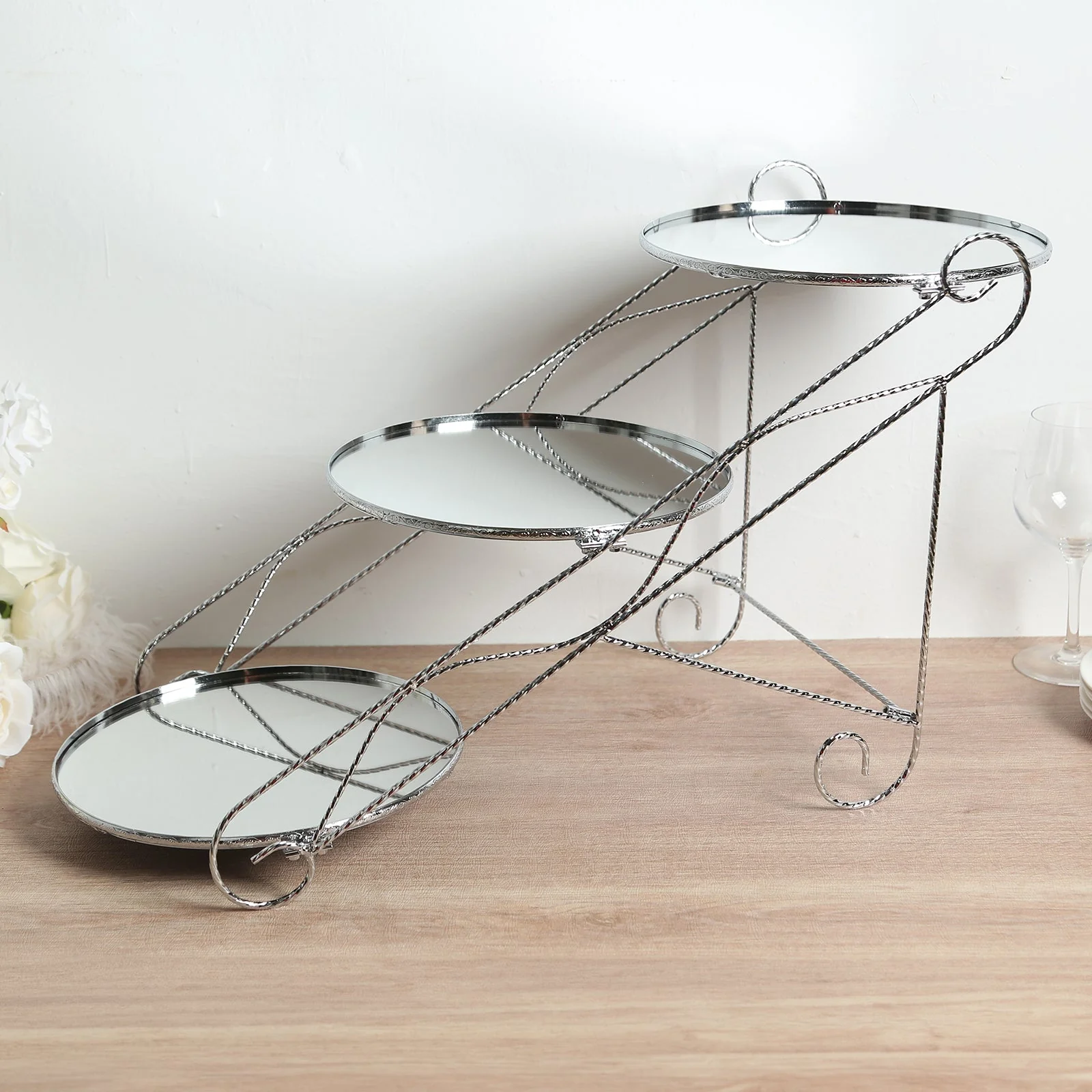 3-Tier Metal Cake Stand 16"x19" Cascading Design with Round Mirror Trays Silver - Dessert Display and Serving Platter - Image 5