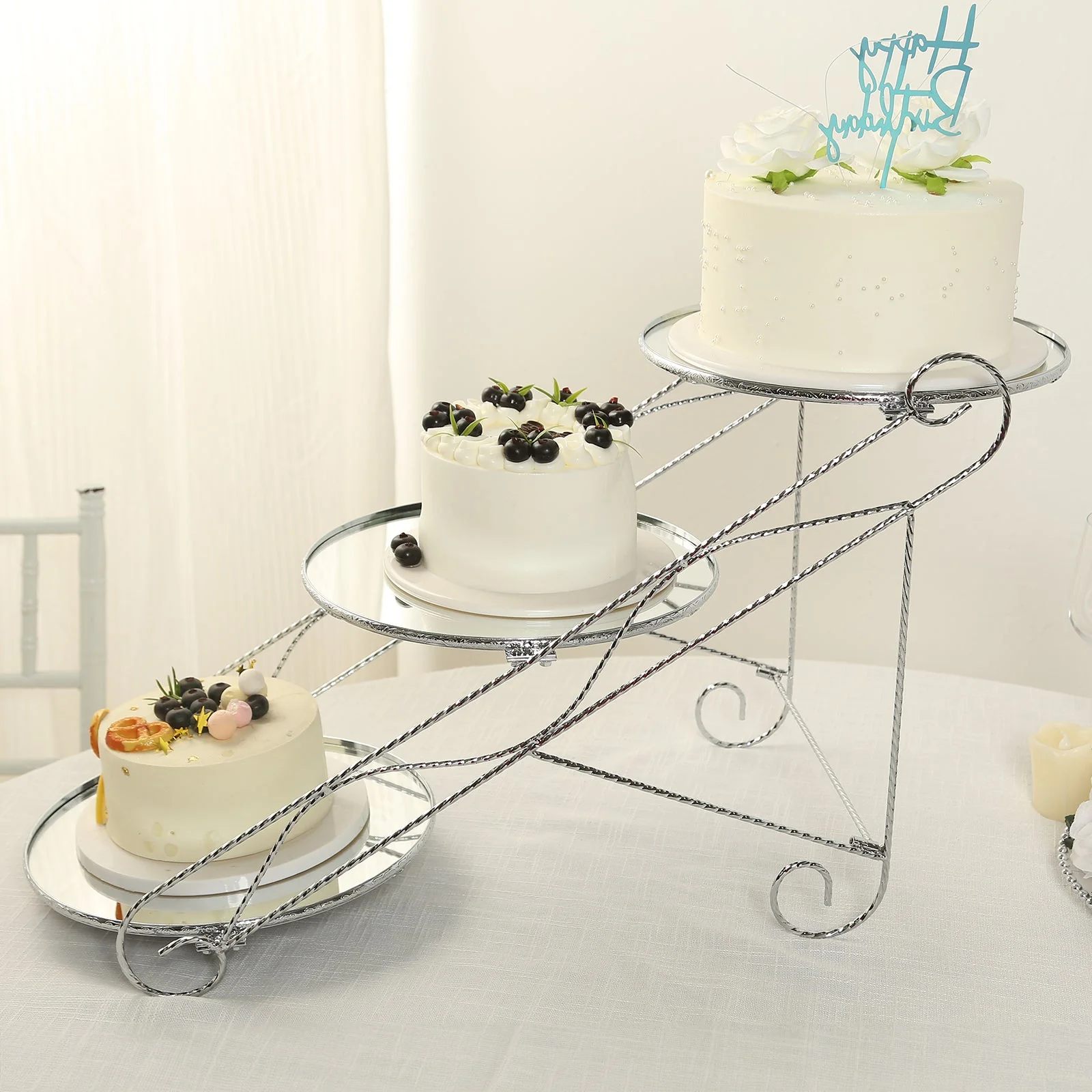 3-Tier Metal Cake Stand 16"x19" Cascading Design with Round Mirror Trays Silver - Dessert Display and Serving Platter - Image 6