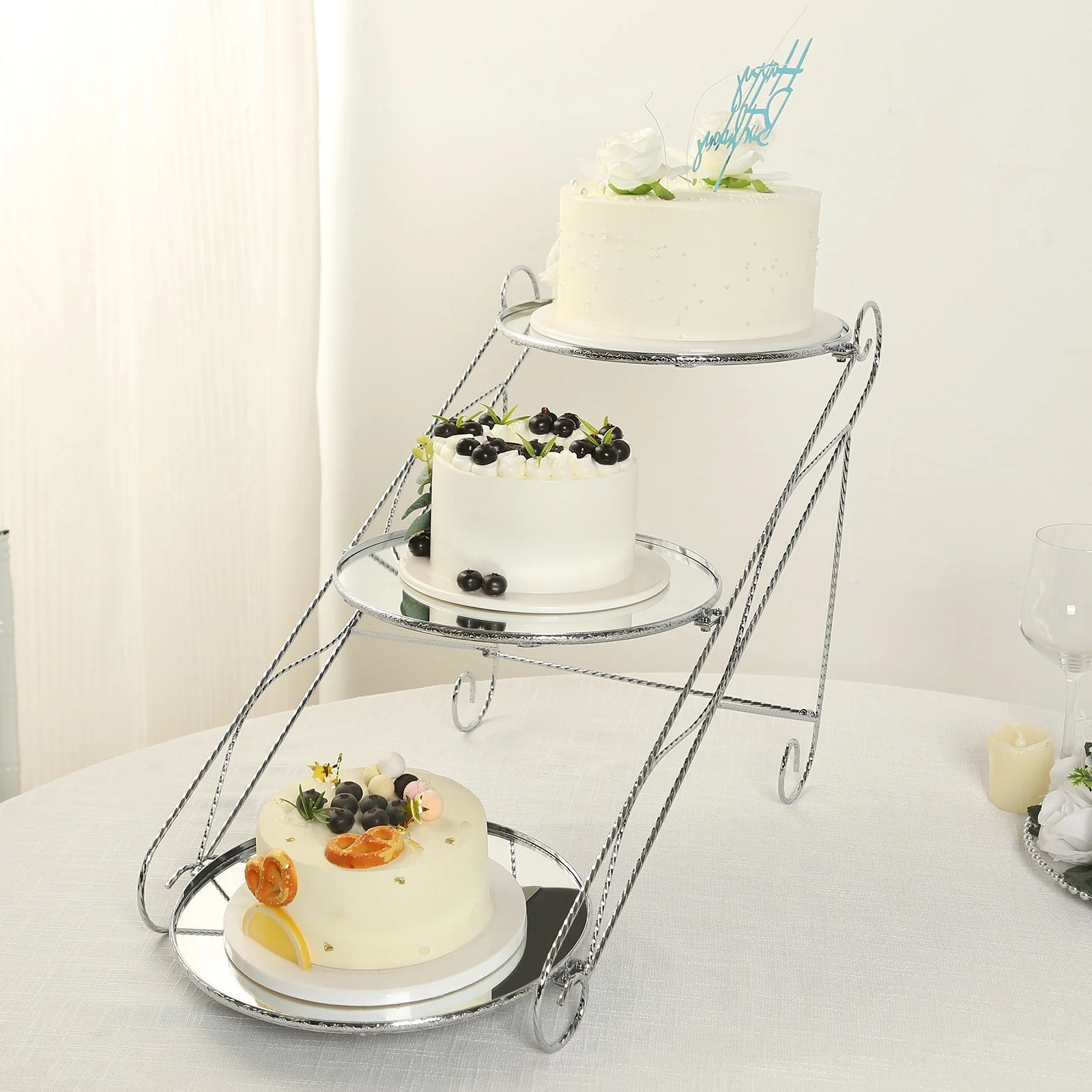 3-Tier Metal Cake Stand 16"x19" Cascading Design with Round Mirror Trays Silver - Dessert Display and Serving Platter - Image 8