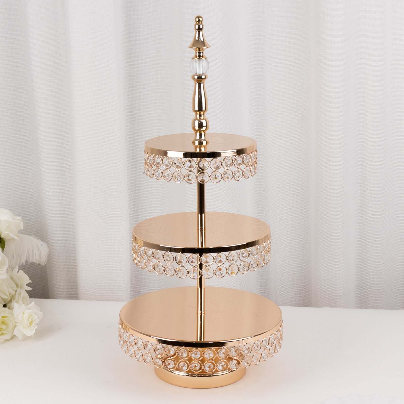 3-Tier Metal Cake Stand 26" Crystal Beaded Gold with Round Mirror Top - Cupcake Tower Dessert Display for Events - Image 5