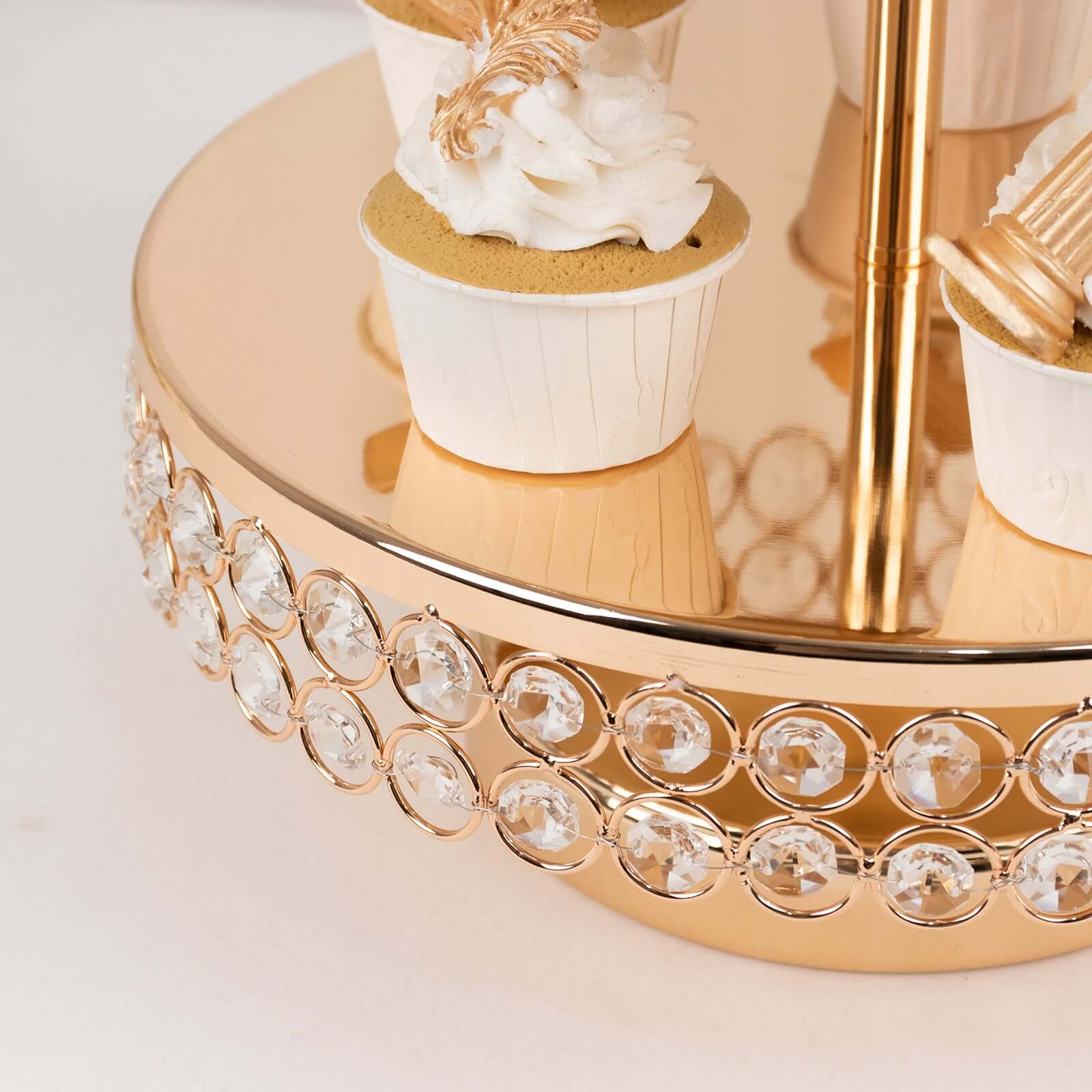 3-Tier Metal Cake Stand 26" Crystal Beaded Gold with Round Mirror Top - Cupcake Tower Dessert Display for Events - Image 7