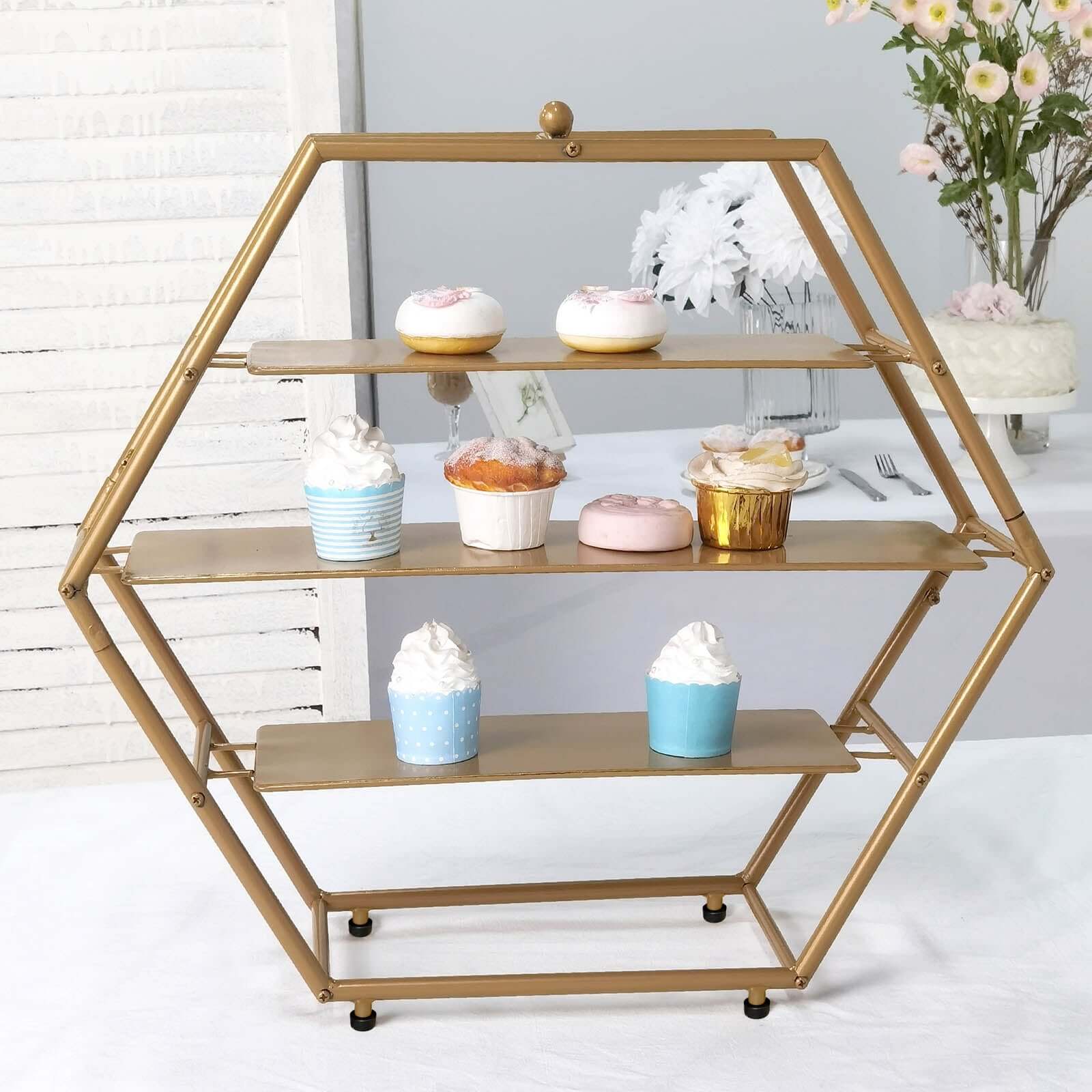 3-Tier Metal Hexagon Cupcake Stand 21" Matte Gold - Durable Contemporary Dessert Holder Appetizer Display for Upscale Events Banquets & Gatherings - Image 2