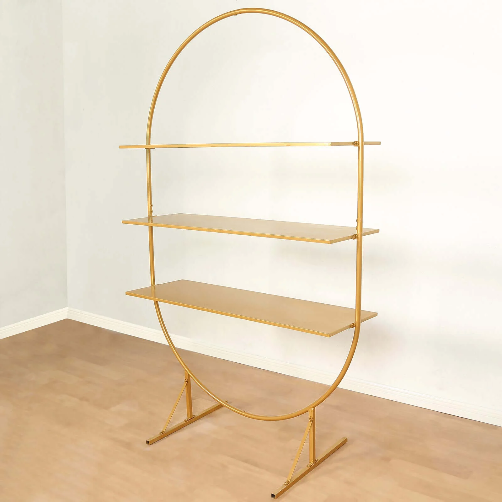 3-Tier Metal Oval Cupcake Dessert Stand 6.5ft Gold Arch Shelf Rack Style - Sturdy Large Floor Standing Cake Display Stand for Birthdays Banquets & Modern Celebrations - Image 2