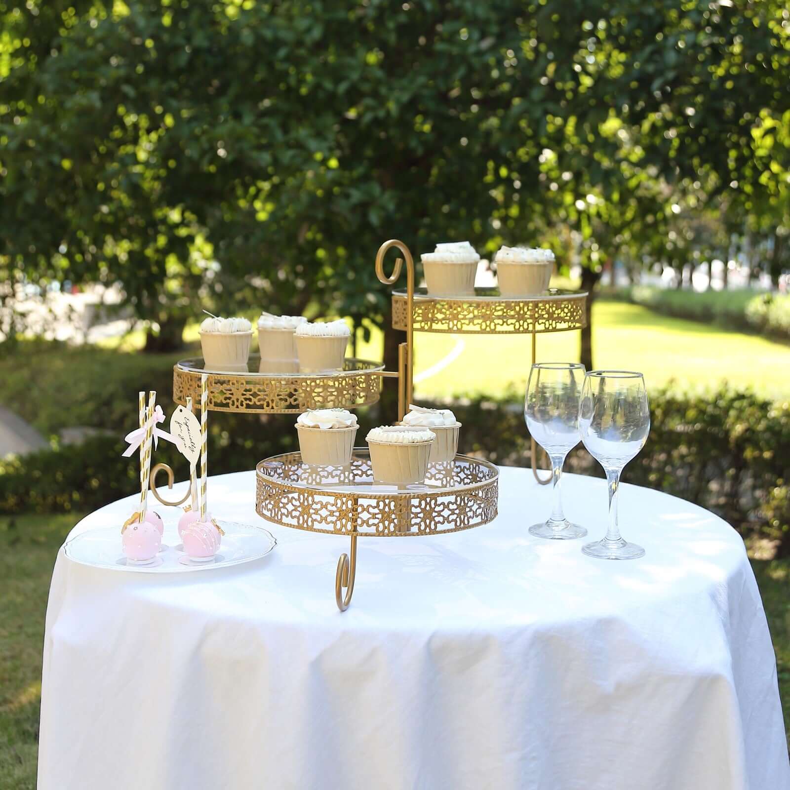 3-Tier Metal Rotating Cupcake Stand 28" Gold with Clear Acrylic Round Plates - Hollow Lace Design Dessert Display - Image 3
