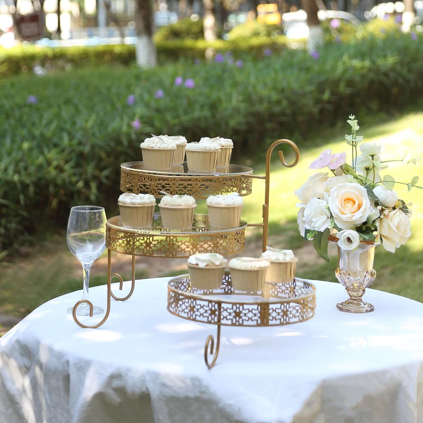3-Tier Metal Rotating Cupcake Stand 28" Gold with Clear Acrylic Round Plates - Hollow Lace Design Dessert Display - Image 6