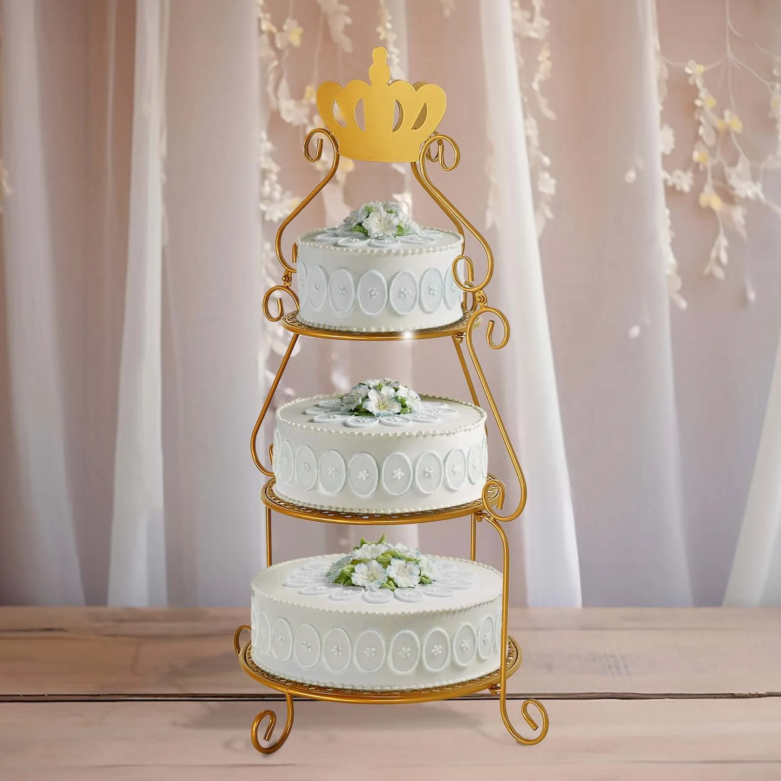 3 Tier Metal Round Cake Stand 32" Gold with Crown Top - Multiuse Cupcake Holder Dessert Display Riser for Classy Wedding Party & Event Decor - Image 2