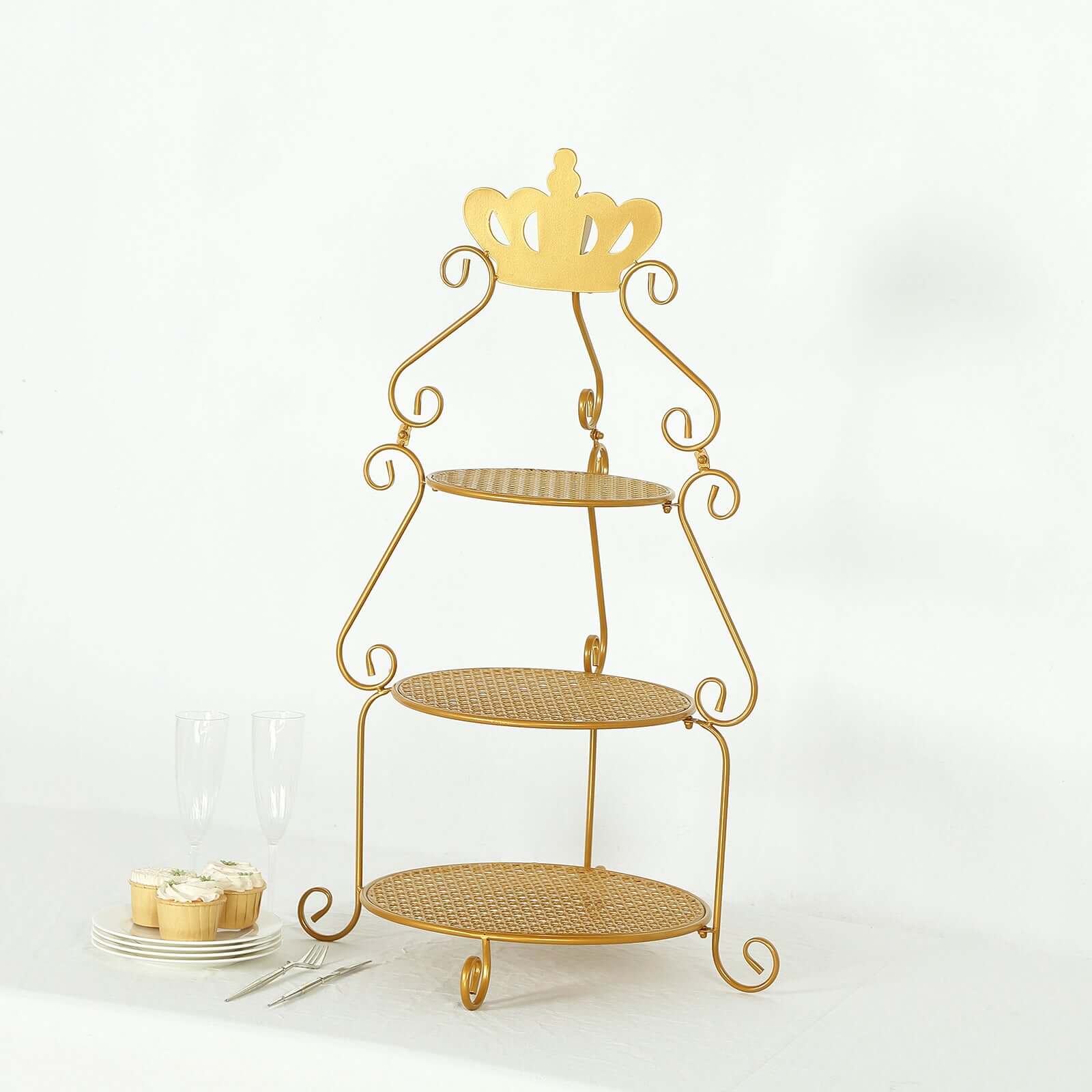 3 Tier Metal Round Cake Stand 32" Gold with Crown Top - Multiuse Cupcake Holder Dessert Display Riser for Classy Wedding Party & Event Decor - Image 4