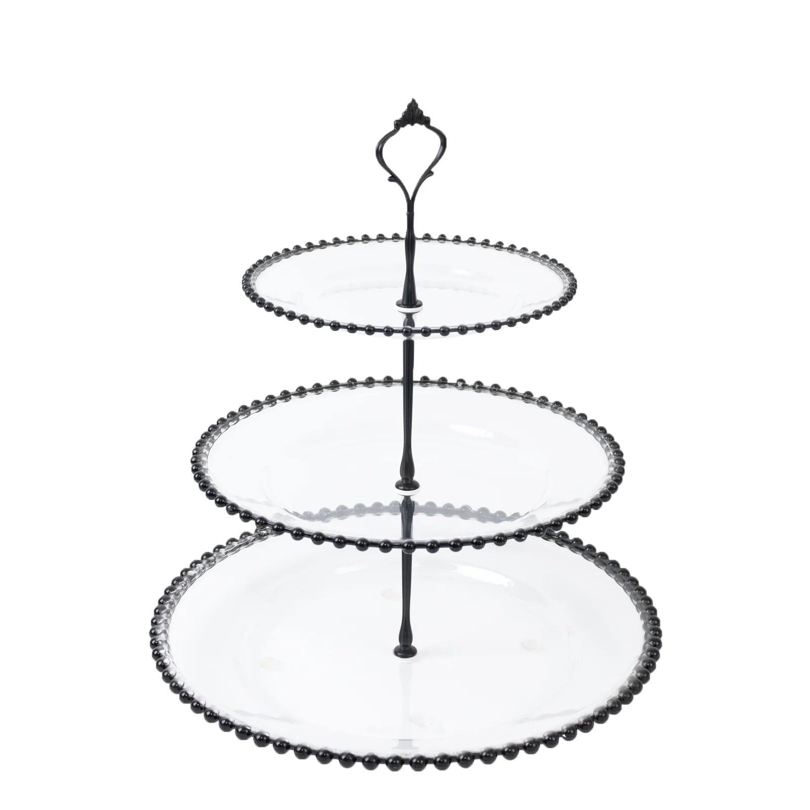 Clear 3-Tier Round Plastic Cupcake Tower Stand with Black Beaded Rim, Dessert Display Tea Party Serving Platter With Top Handle - 14" - Image 2