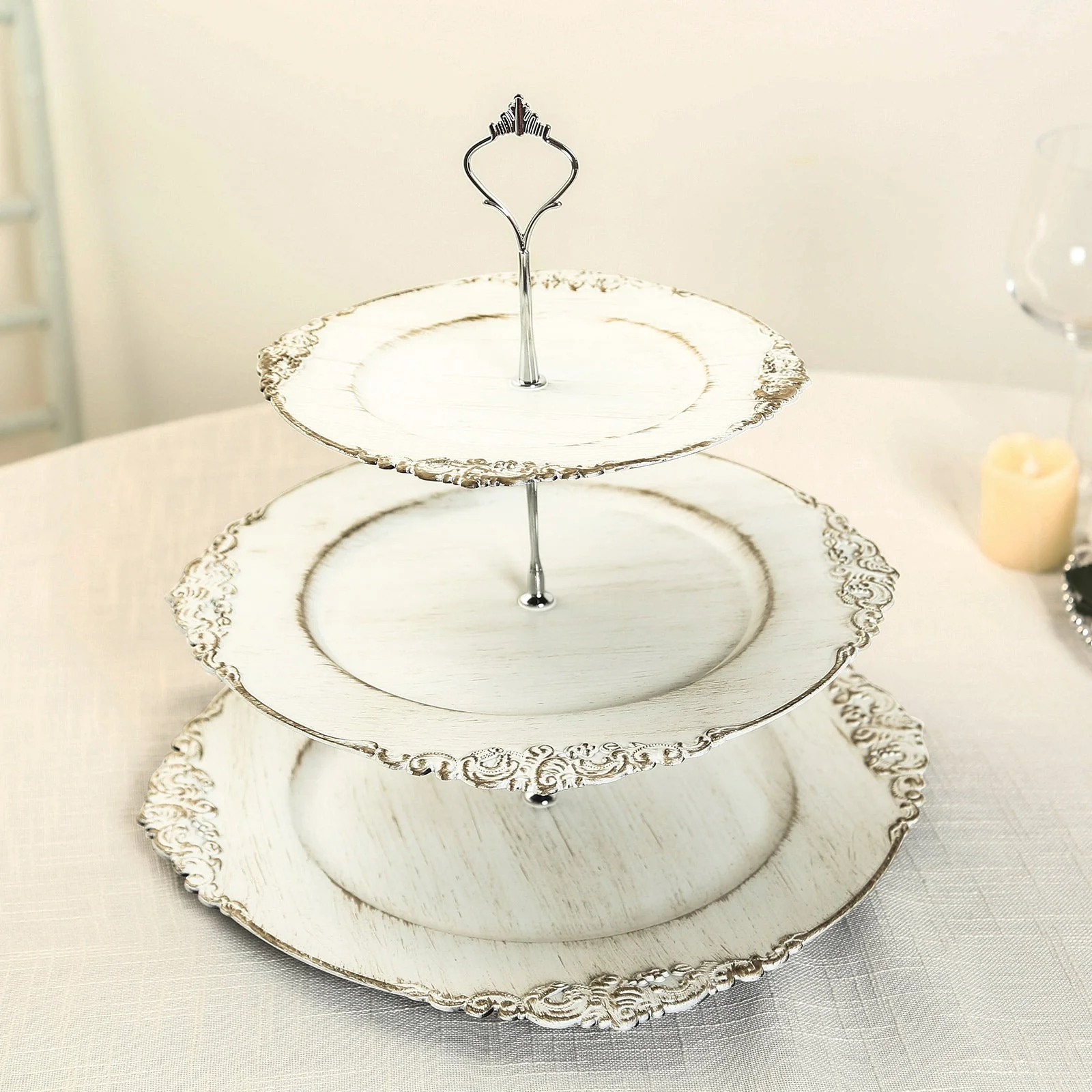 3-Tier Plastic Round Cupcake Stand 13" Whitewashed with Antique Gold Baroque Rim & Top Handle - Reusable Dessert Display Holder Serving Tray Platter for Rustic Chic Events
